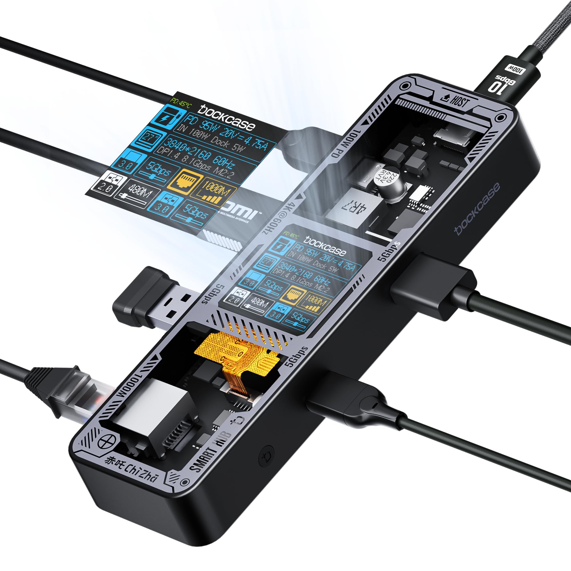 DOCKCASE Explorer Edition 6-in-1 USB C Hub, 1 Gigabit Ethernet port, Multiport Adapter HDMI 4k@60hz, PD 3.0 100w, USB-C and 2 USB-A 5Gbps, USB C Dock for MacBook Pro/Air, Dell XPS, etc (Black)