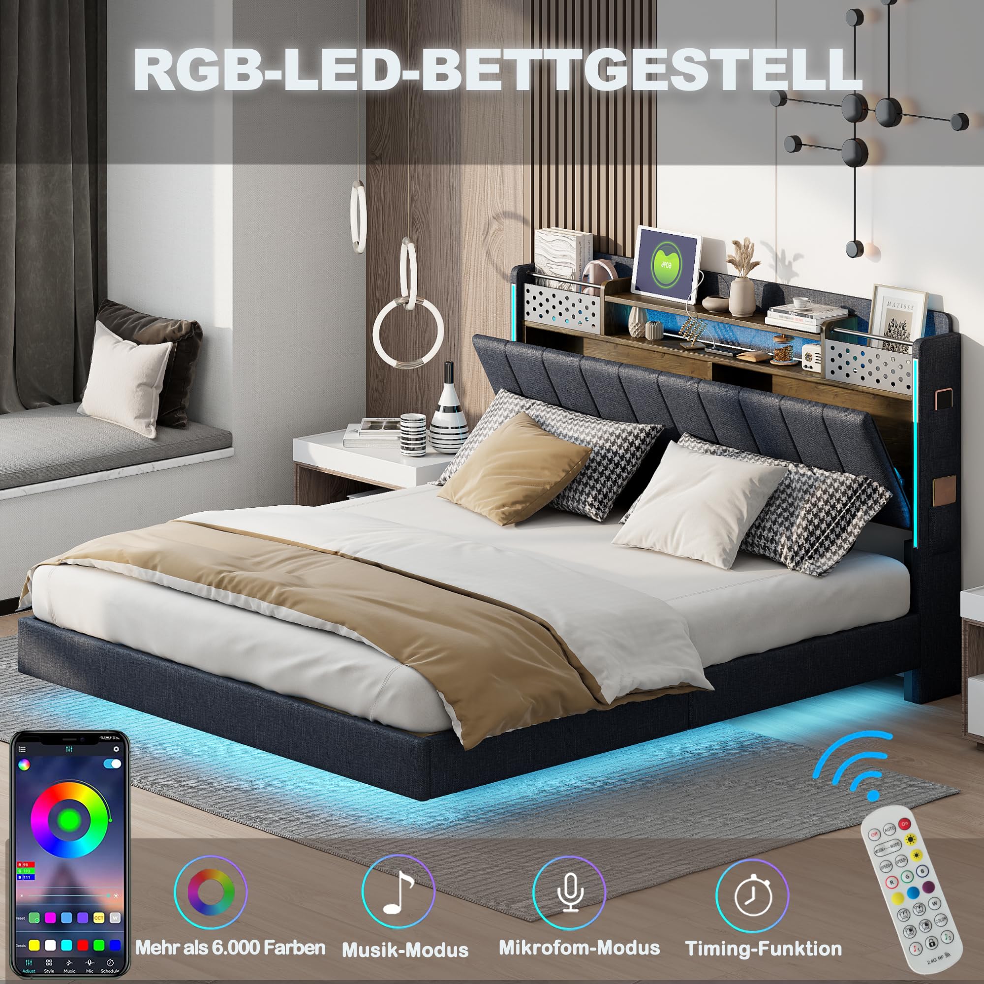 letto imbottito testiera con contenitore letto galleggiante con illuminazione LED e presa USB per adulti tessuto lino letti matrimoniale con rete doghe per ospiti senza materasso grigio 160x200
