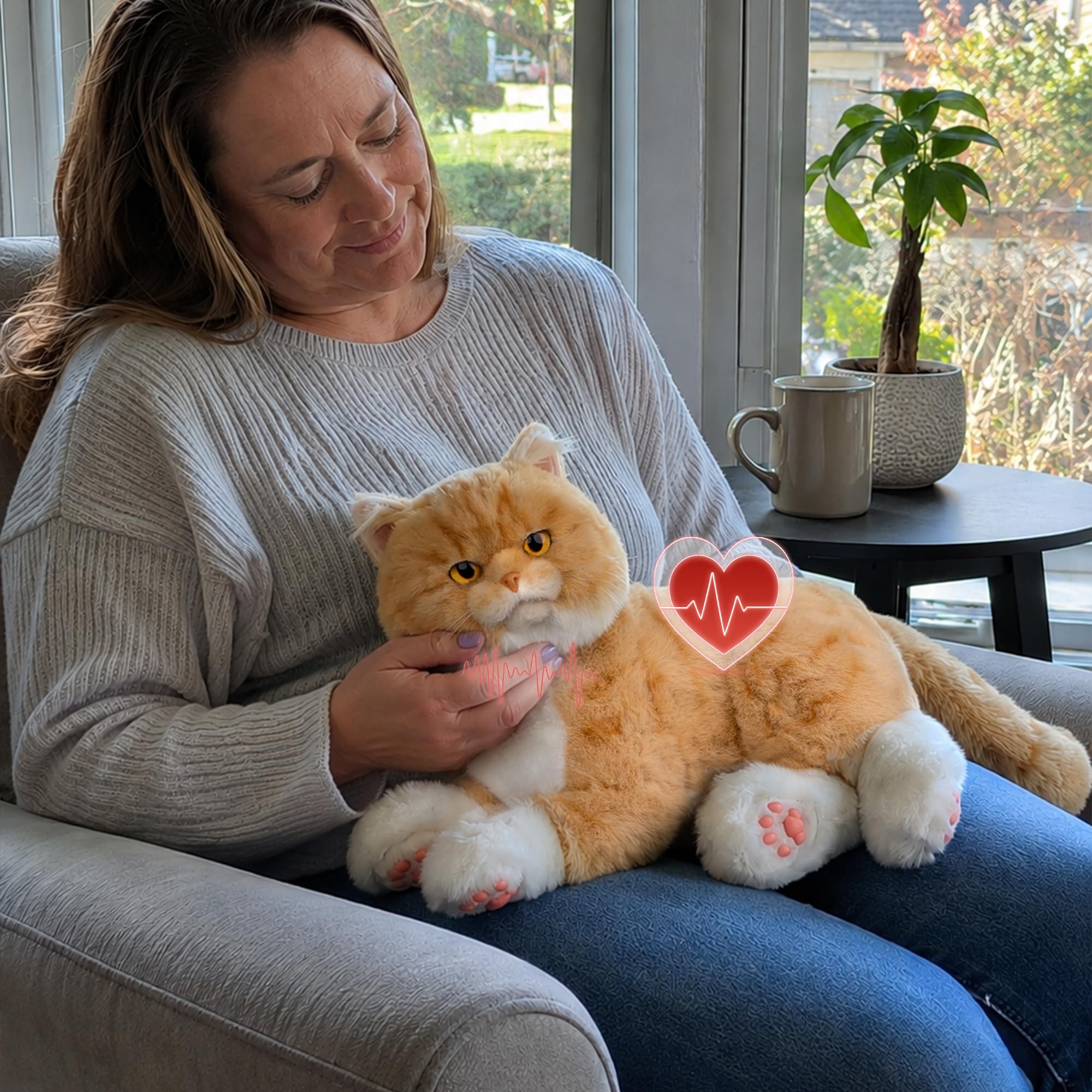 Chongker Interactive Companion Robot Cat Pets, Handmade Weighted Stuffed Animals, Cat Plush Toy with Voice Response, Realistic Heartbeat and Purring