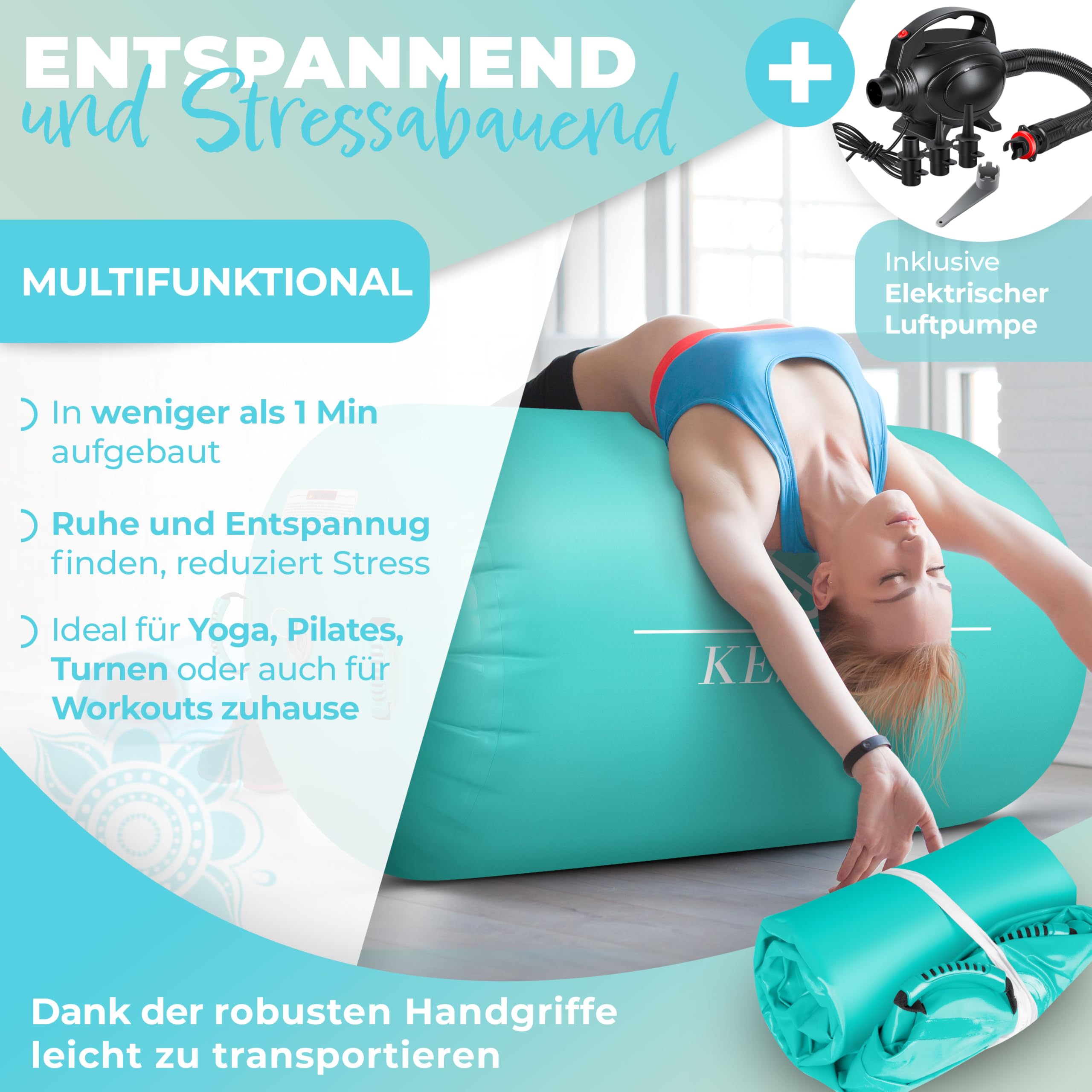 KESSER® Aufblasbare Airtrack | inkl. Tragetasche & elektr. Luftpumpe | Barrel Tumbling, Yoga, Fitnessmatte, Trainingshilfe, Turnmatte, Balance Trainer, Sportmatte, Gymnastikmatte, Workout