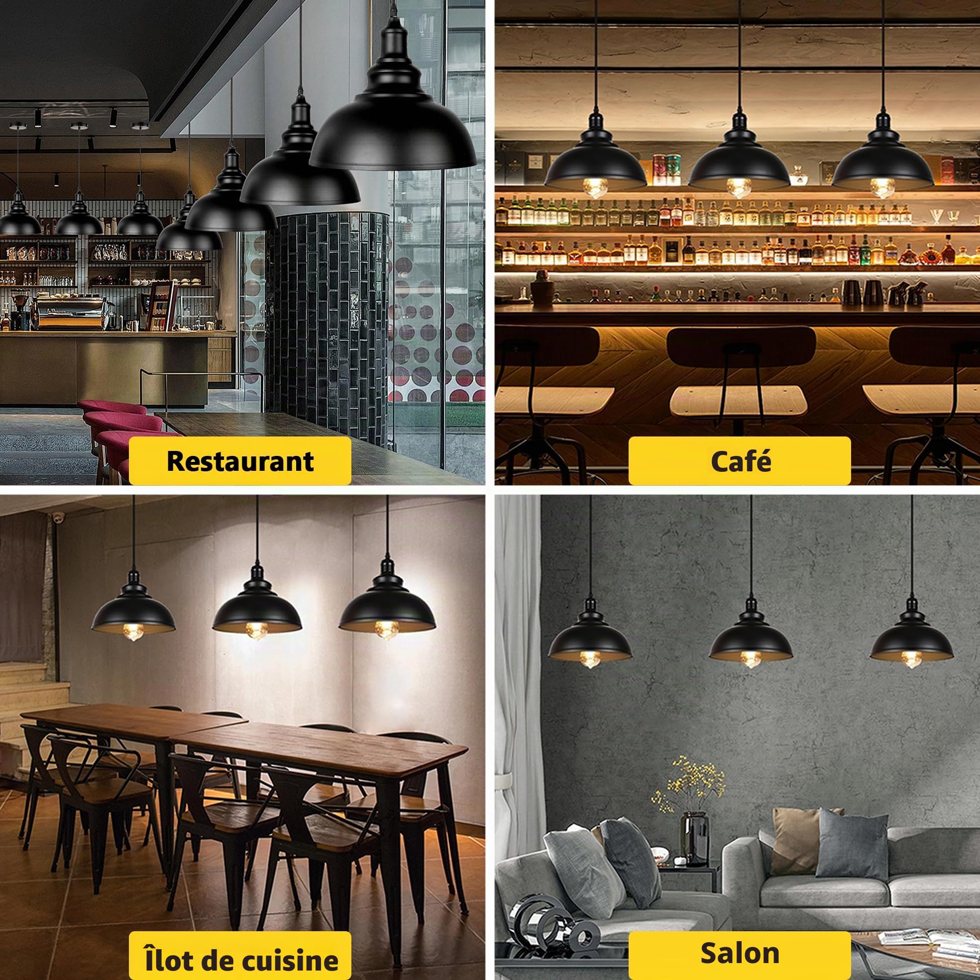 industrielle Pendentif lumière, vintage Suspension métal Lampe fer Pendentif d'éclairage Pendentif Luminaire Loft Lampe Suspendue pour Restaurant Cuisine 60.00W 110.00V (Noir-3 Pièces)