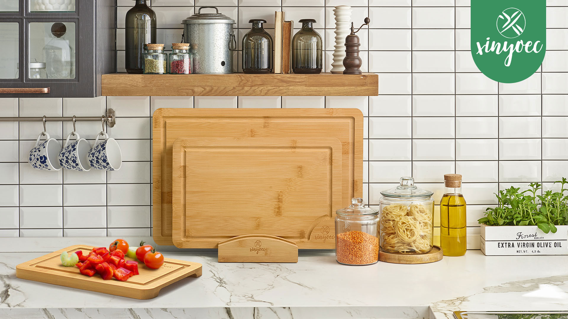 Set de 3 tablas de cortar de bambú para cocina con ranura y soporte para tablas, ideal para regalo miniatura 7