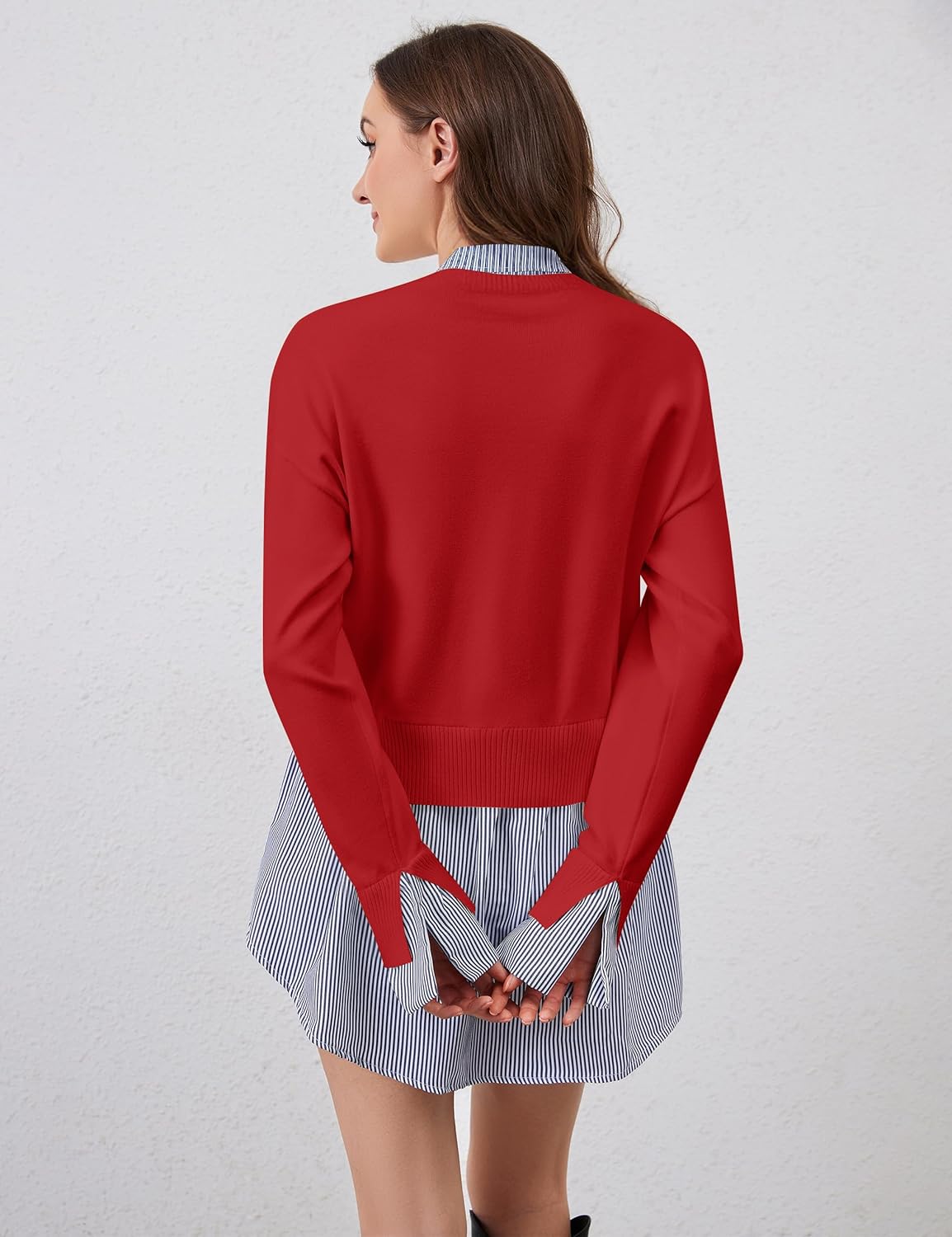 Women Asymmetrical Patchwork Sweaters Lapel Collar 2 in 1 Sweater Slit Asymmetrical Hem Button Down Shirts Top - Image 5