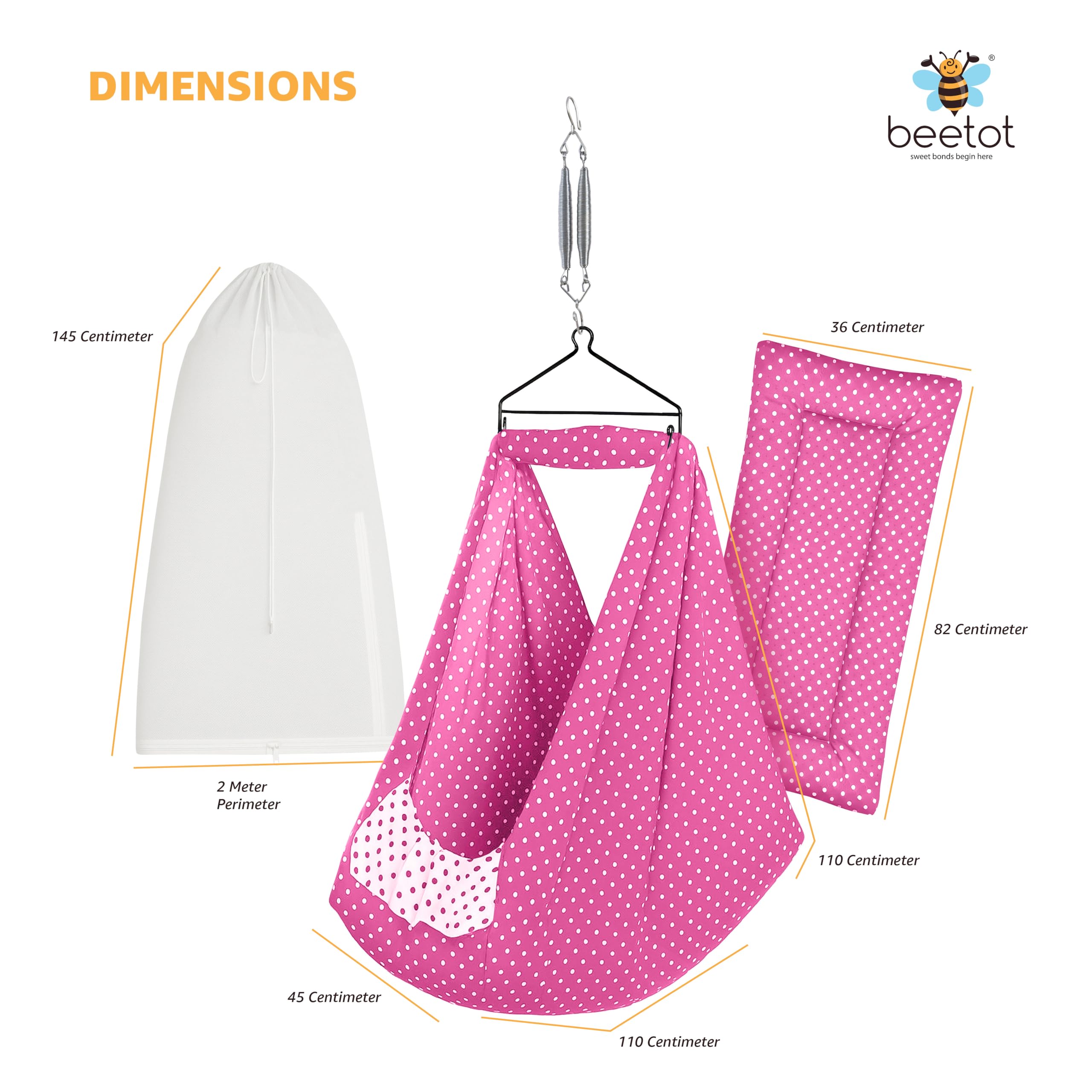 beetot Baby Swing Cradle (Jhula) for Newborns – Cloth Cradle with Removable Mattress, Mosquito Net, Spring & Triangle Hanger | Up to 15 kg | (Dark Pink Dot) - Image 7 thumbnail