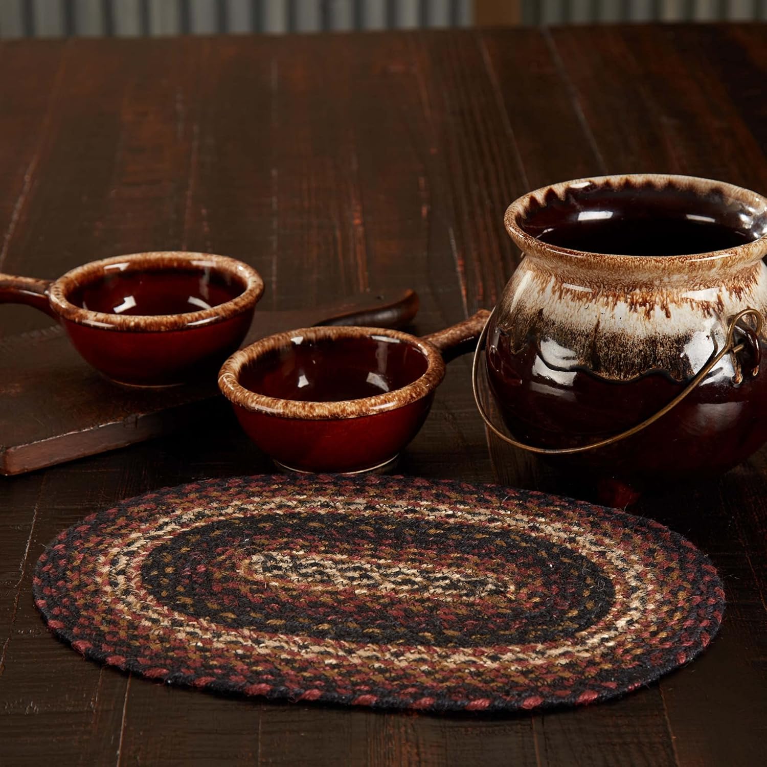 VHC Brands Country Beckham Table Placemat, Red Black Tan, Jute Blend, Rectangle, 12x18 Inches