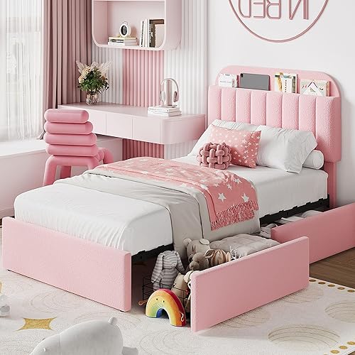 Miniatura 14 de Base de cama tamaño matrimonial de IDEALHOUSE con 2 cajones flexibles y cabecero tipo estantería, base de cama tapizada con plataforma para