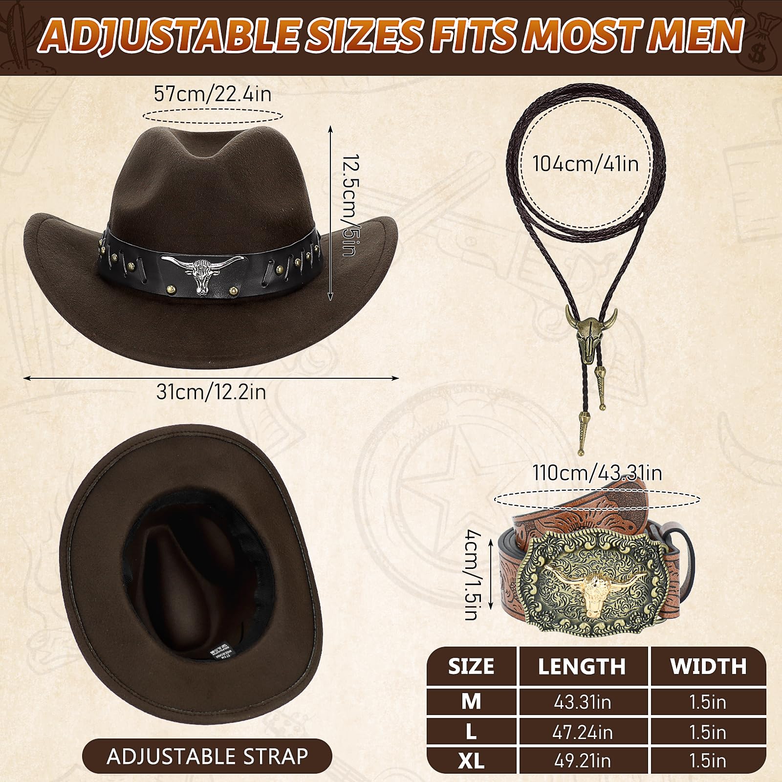 JTKDG 4 Pcs Western Cowboy Fancy Dress Accessories Set Wild West Cowboy Outfit Kit for Men Suede Leather Vest Hat Necktie Buckle Belt for Halloween Costume Party (Brown - Image 2