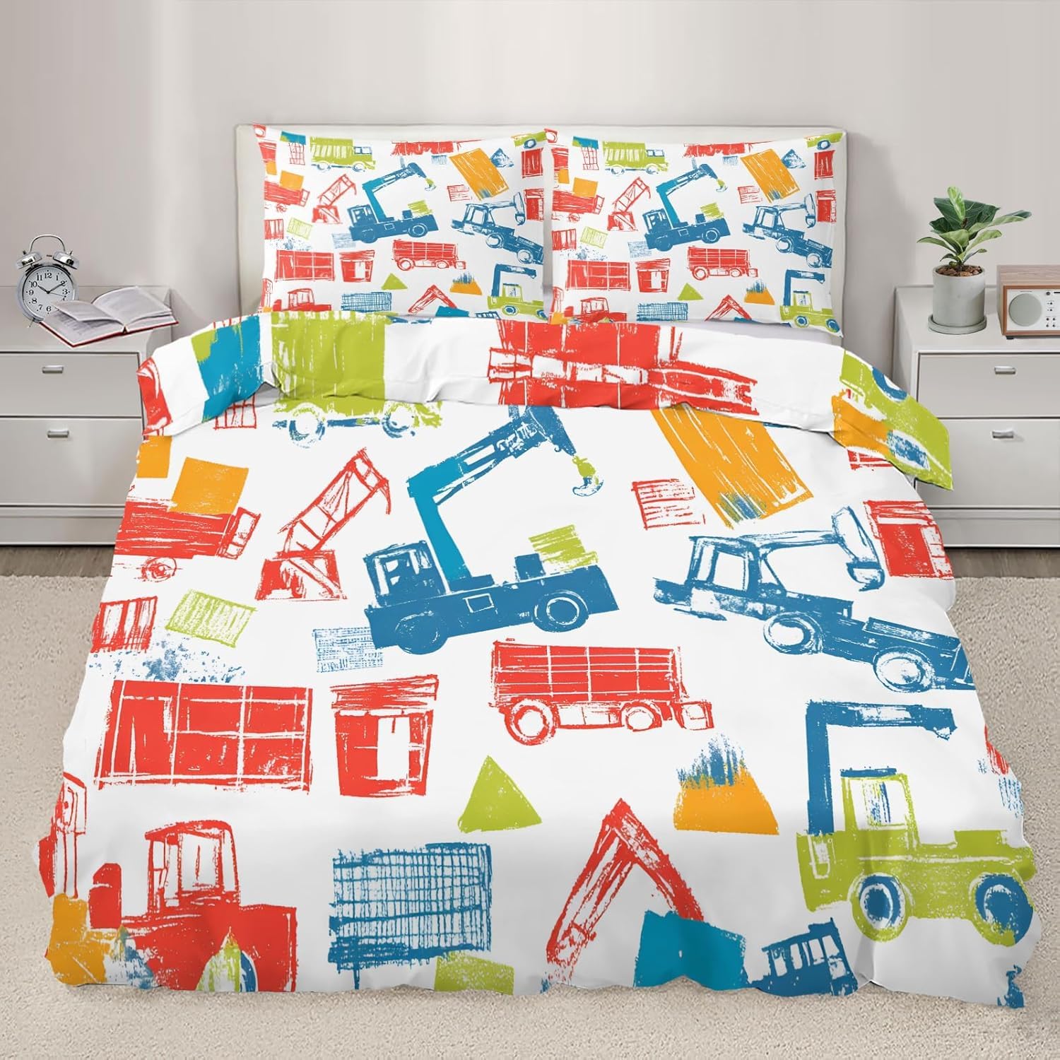 NDXRWDZR Single Bedding Set Excavator Duvet Cover for Kids Soft Hypoallergenic Microfiber Duvet Cover with Zipper Closure, 1 Duvet Cover 135x200 cm + 2 Pillowcases 50x75 cm
