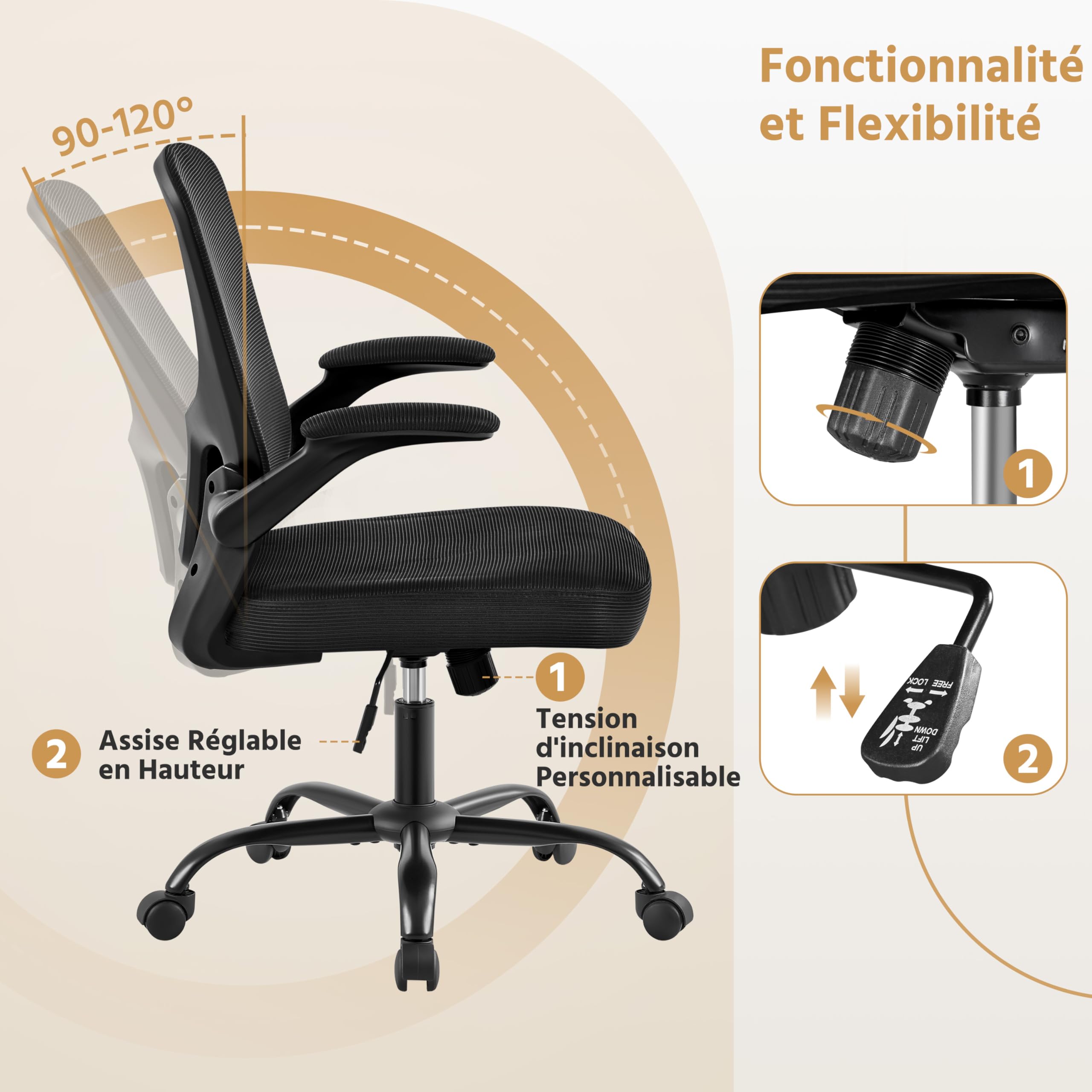 Yaheetech Chaise de Bureau à roulettes avec Accoudoirs Pliables Noir