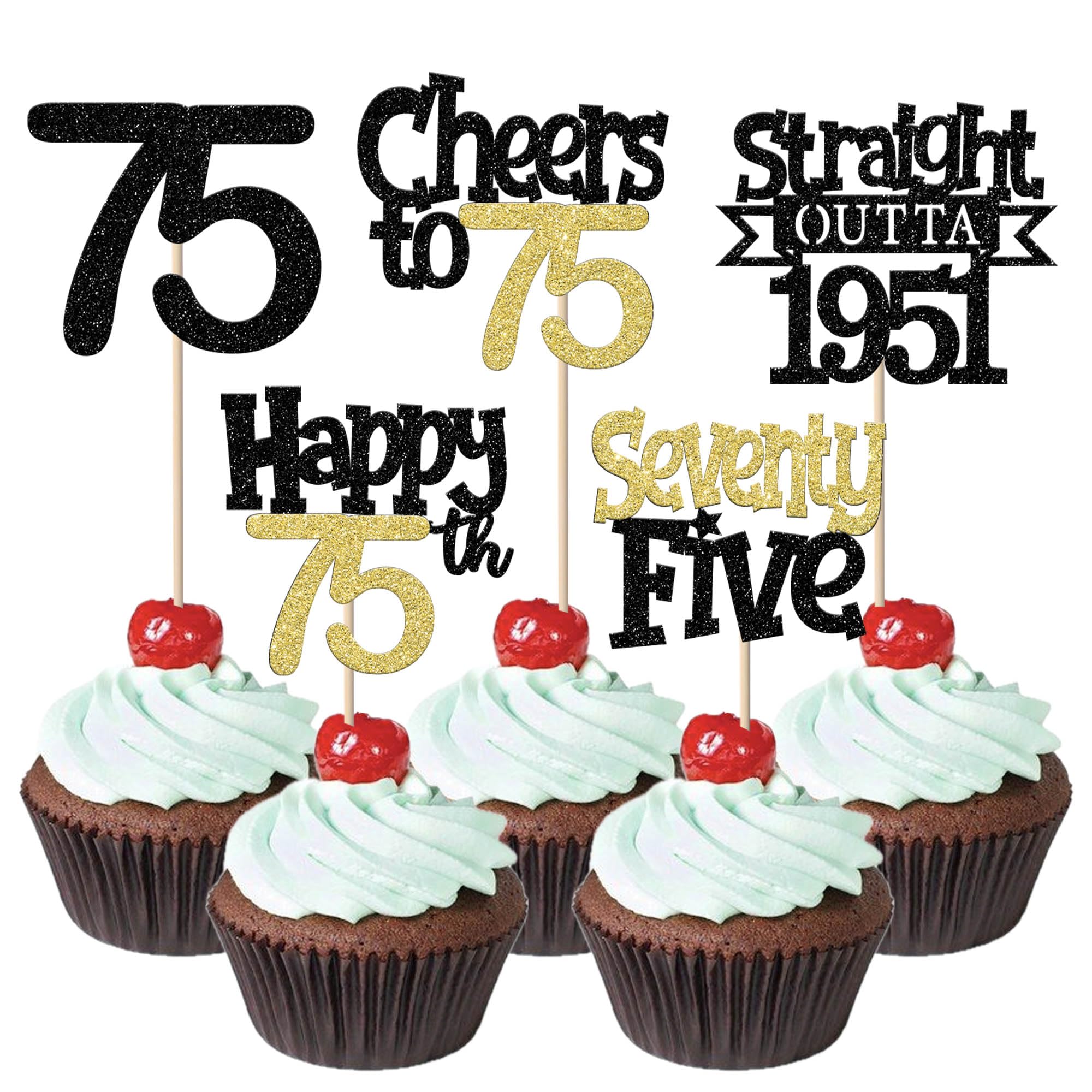 30 Stück 75th Geburtstag Cupcake Toppers Straight Outta 1951 Kuchen Deko Happy 75th Hello Sventy Five Tortendeko für Prost auf 75 Geburtstag Hochzeit Jahrestag Party Kuchen Dekorationen Schwarz Gold