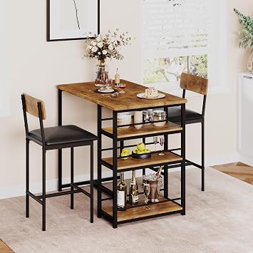 Bar Table and Chair Set with 3 Shelves, 2 Upholstered Stools, Vintage