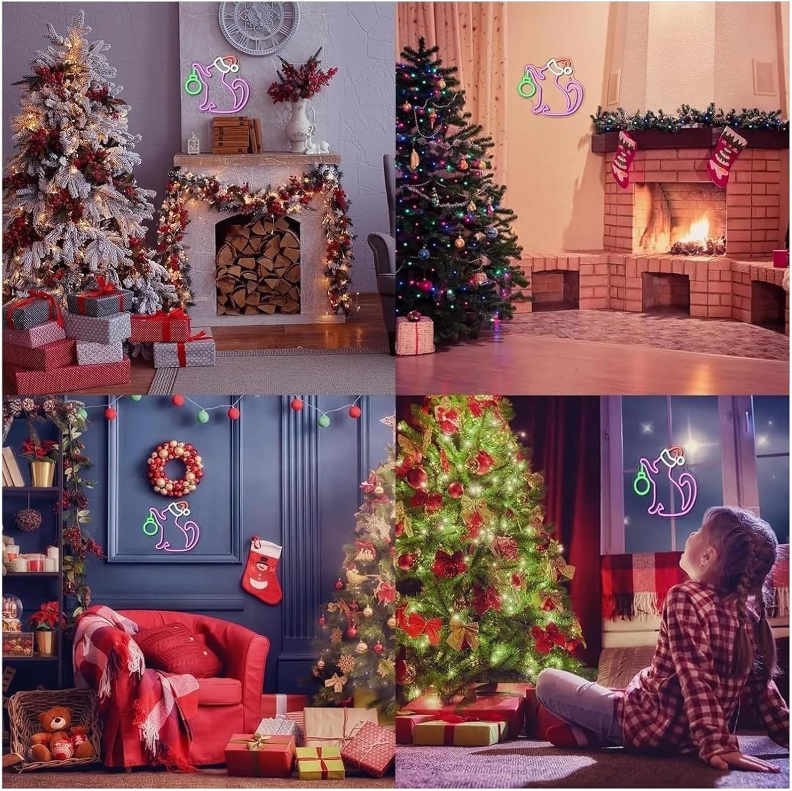Letrero de neón Lámpara de neón con forma gato para gorro Papá Noel letrero luces LED regulables bonita decoración pared para habitación