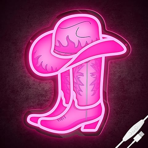 Cowgirl Boot with Hat Neon Sign,LED Pink Cowgirl Boot Neon Signs for Wall Decor,Pin...