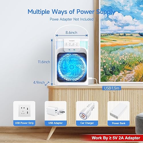 Miniatura 6 de VICELEC Ventilador de aire acondicionado portátil con control remoto, silencioso con 3 velocidades, ventilador evaporativo de 40.6 fl oz con 3