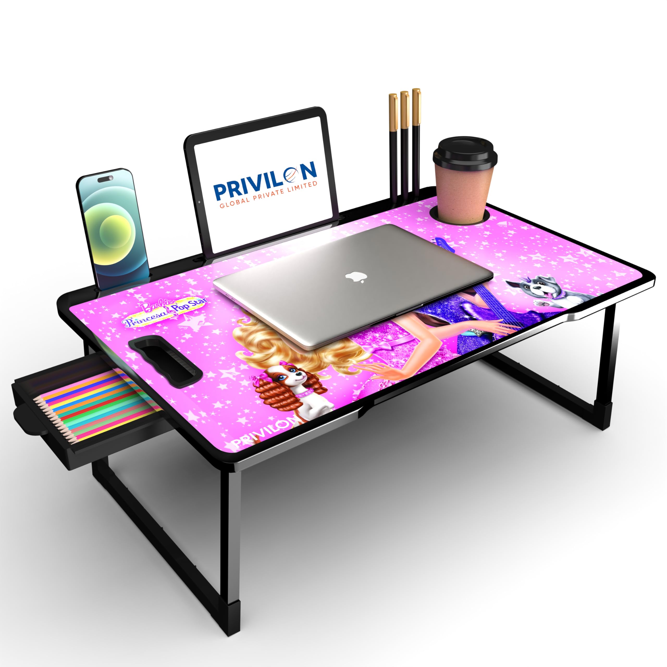 PRIVILON GLOBAL Private Limited Foldable Wooden Mini Laptop Table for Bed, Study Table with Drawer, Tablet/Mobile Holder for Kids & Adults->> (Barbi COTTED)