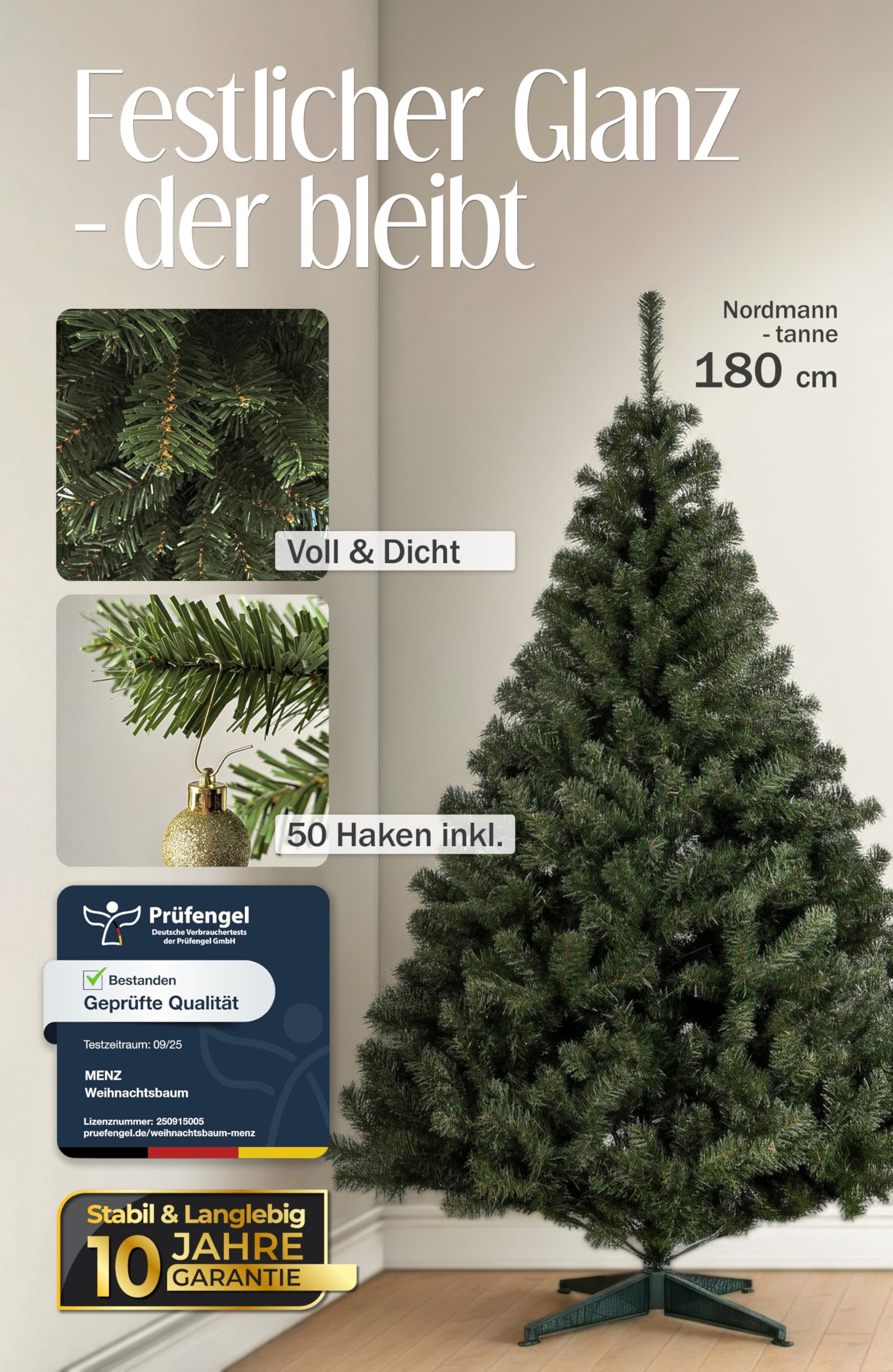 Künstlicher Weihnachtsbaum 180 cm, Grün – überzeugend für 10 Jahre – Pflegeleicht Preiswert Festlich – Tannenbaum künstlich von Menz
