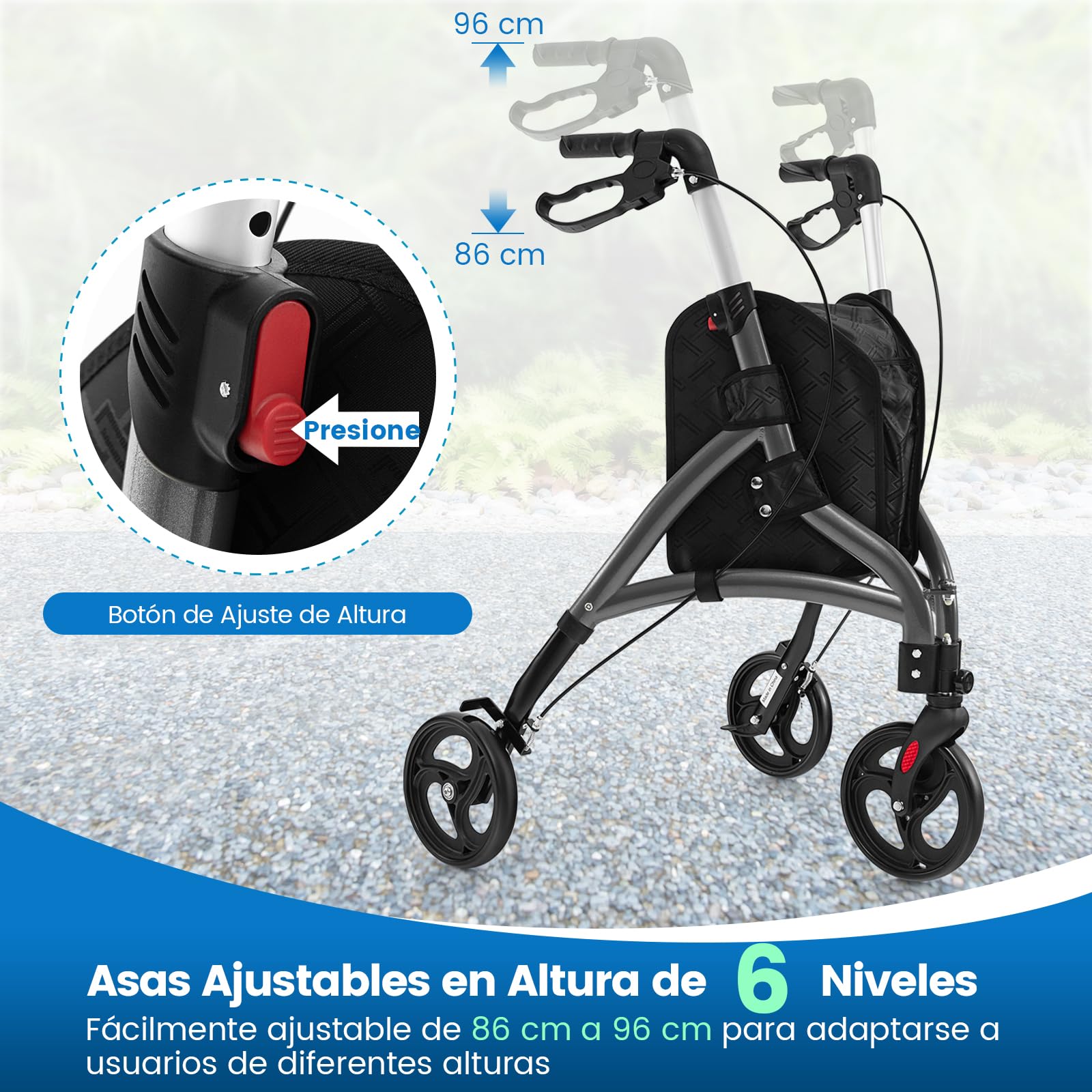 COSTWAY Andador para Ancianos Plegable, Marco de Aluminio Ligero, Caminadores para Mayores con 3 Ruedas, Altura Ajustable y Bolsa de Almacenamiento, Taca Taca Adultos (gris)