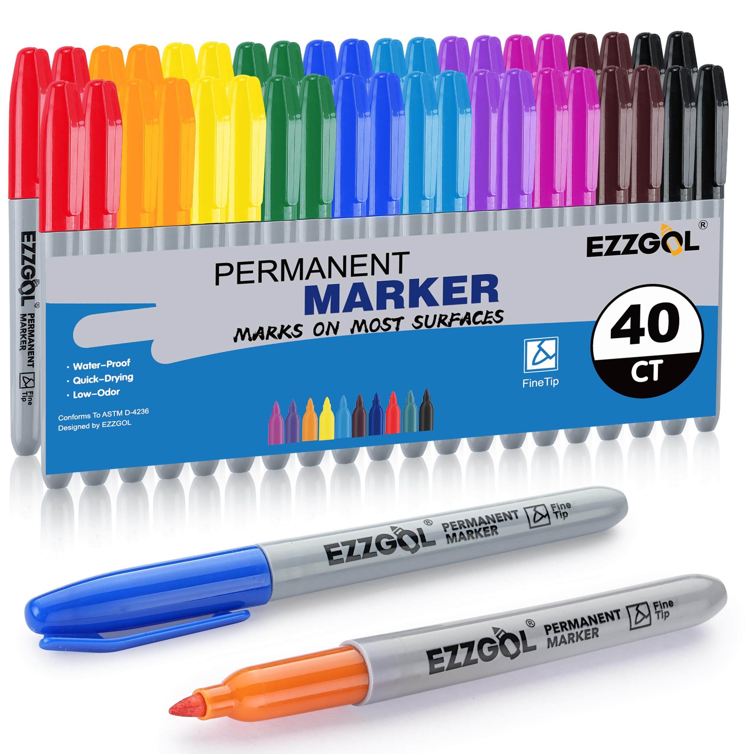 Ezzgol Permanent Markers Bulk, 40 Pack, 10 Assorted Colors,Multicolor Fine Tip Marker,Waterproof, Quick Drying on Paper,Metal,Wood,Plastic for School,