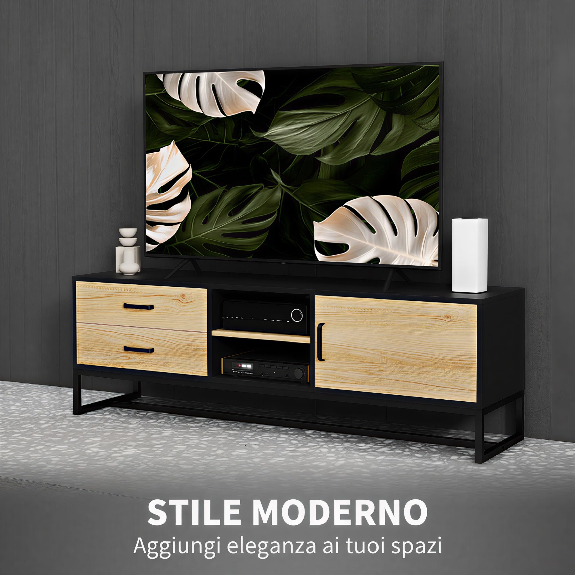 HOMCOM Mobile Porta TV 60" con Armadietto, 2 Cassetti e Ripiani Regolabili, Mobile TV con 2 Aperture Passacavi in Legno per Soggiorno e Salotto, 140x35x45 cm, Legno Naturale e Nero