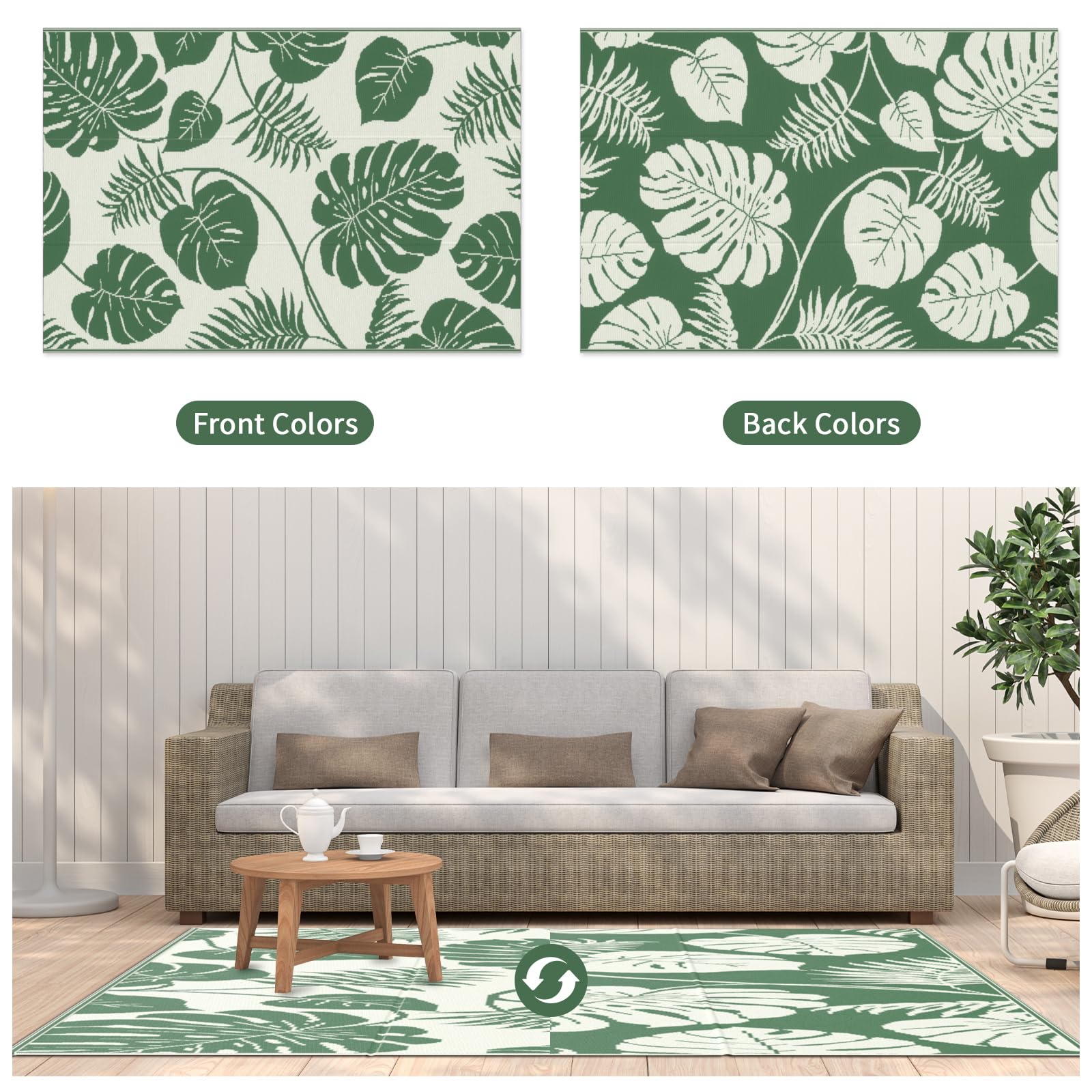 NFECO Outdoor Plastic Mat – Reversible Lightweight Rug for Patio, RV, Deck, Backyard, Picnic, Beach – Modern Design, 5x8 ft Green Portable Carpet