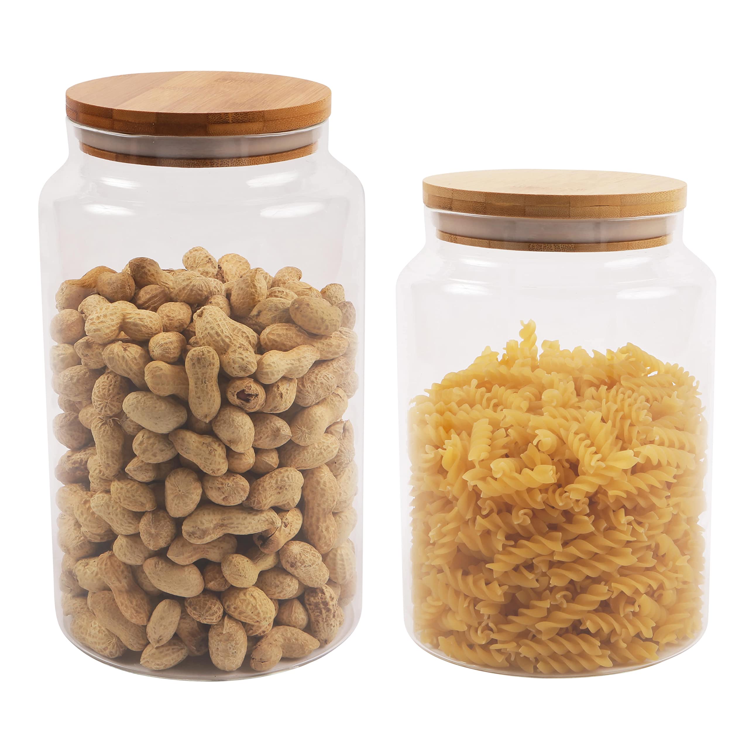 ORNAMI Wide Mouth Large Glass Jar with Natural Bamboo lid, Airtight Clear Canister Biscuits Jar - Set of 2