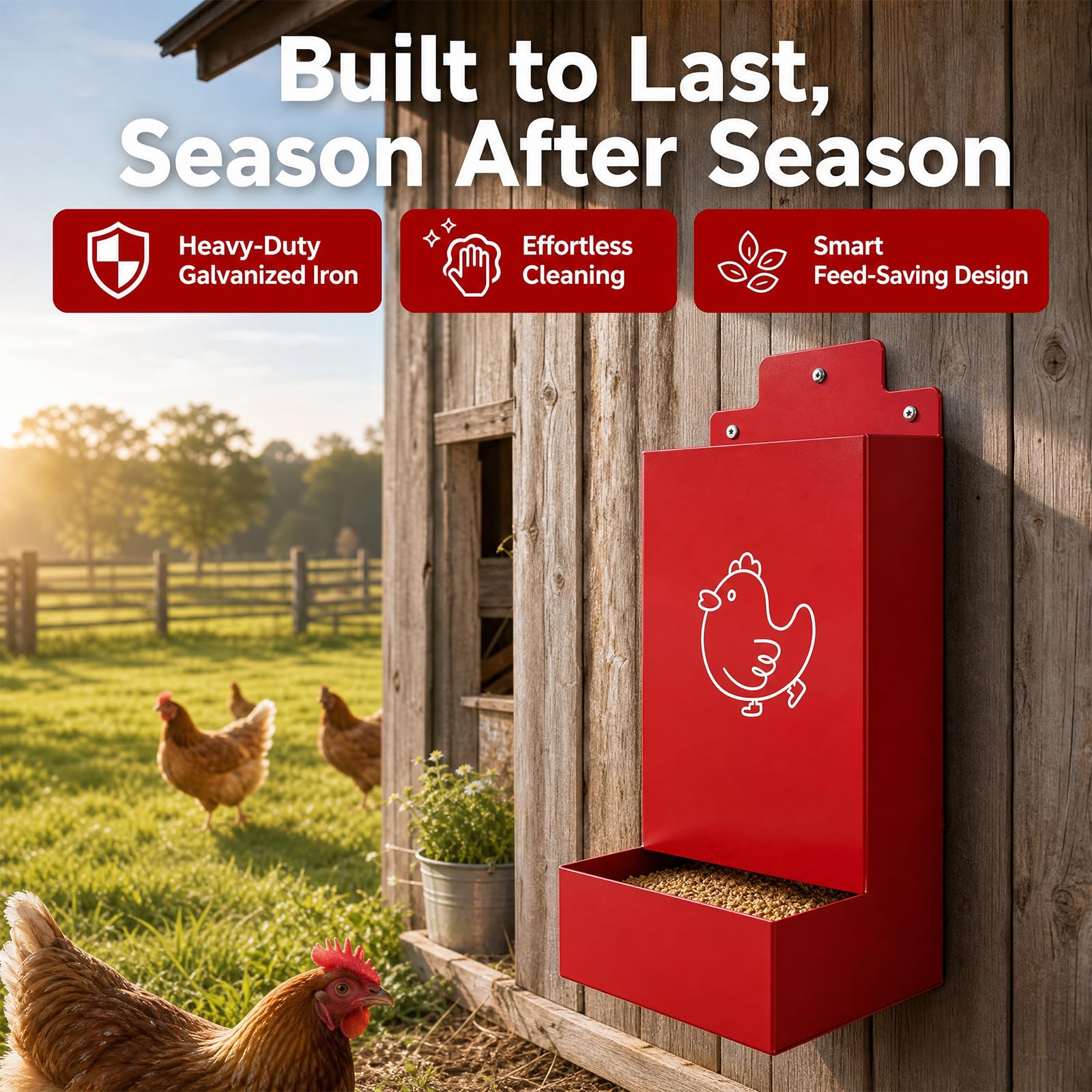 Lote de 2 comederos automáticos para gallinas, 1,3 l/pieza, alimentador automático de gallina, comedero de gallina de metal para accesorios de gallinero y cría de aves de corral, 25 cm (rojo,negro)