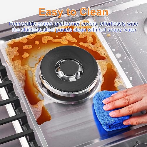 Miniatura 7 de AMZCHEF Placa de cocina de gas de 30 pulgadas con 5 quemadores SABAF fabricados en Italia. Máx. 48300 BTUhr Estufa de gas incorporada de acero