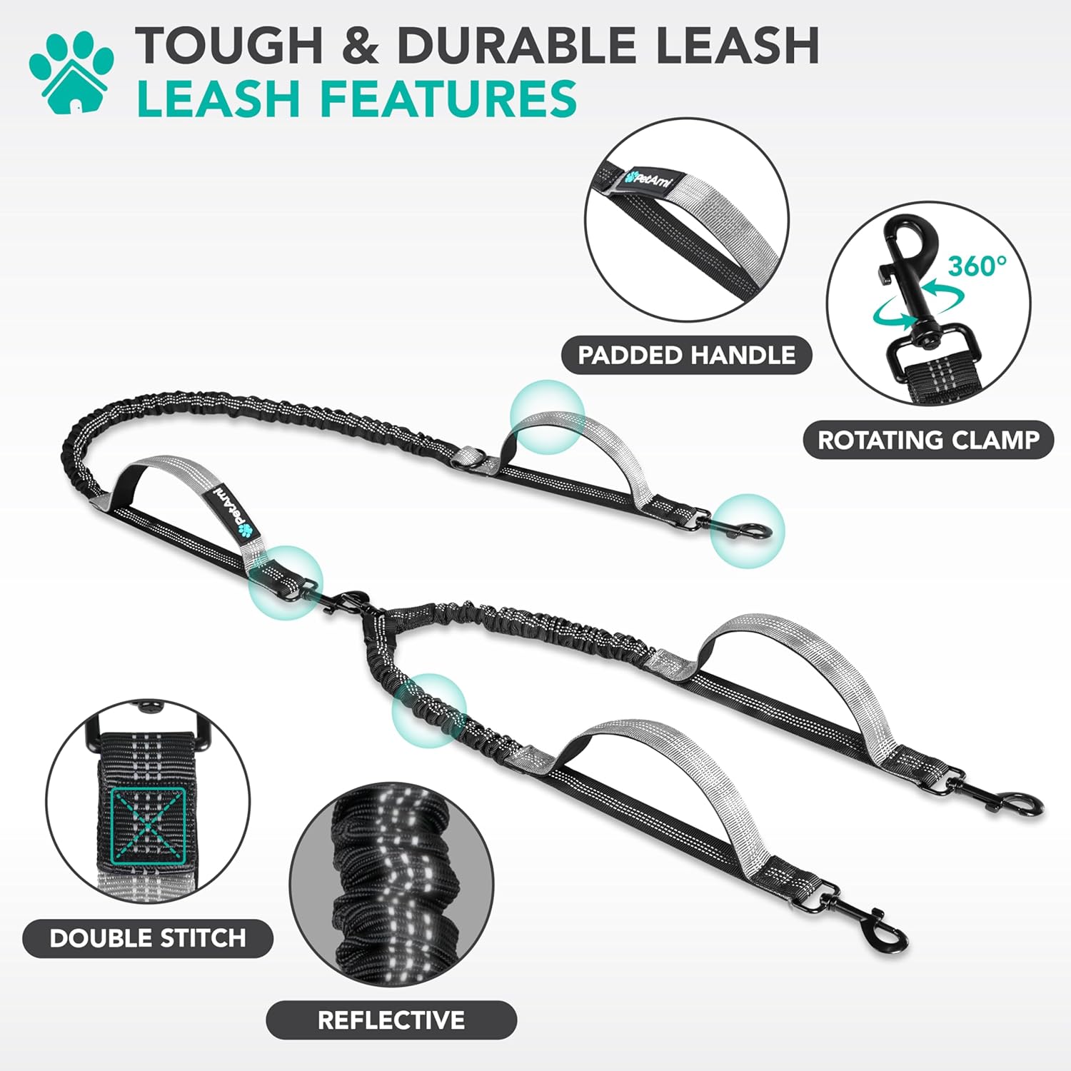 PetAmi Double Dog Leash with 360 Swivel No-Tangle Coupler, Heavy Duty Dual Dog Leash with Shock-Absorbing Bungee, Padded Handles, Reflective for Medium & Large Dogs, Black