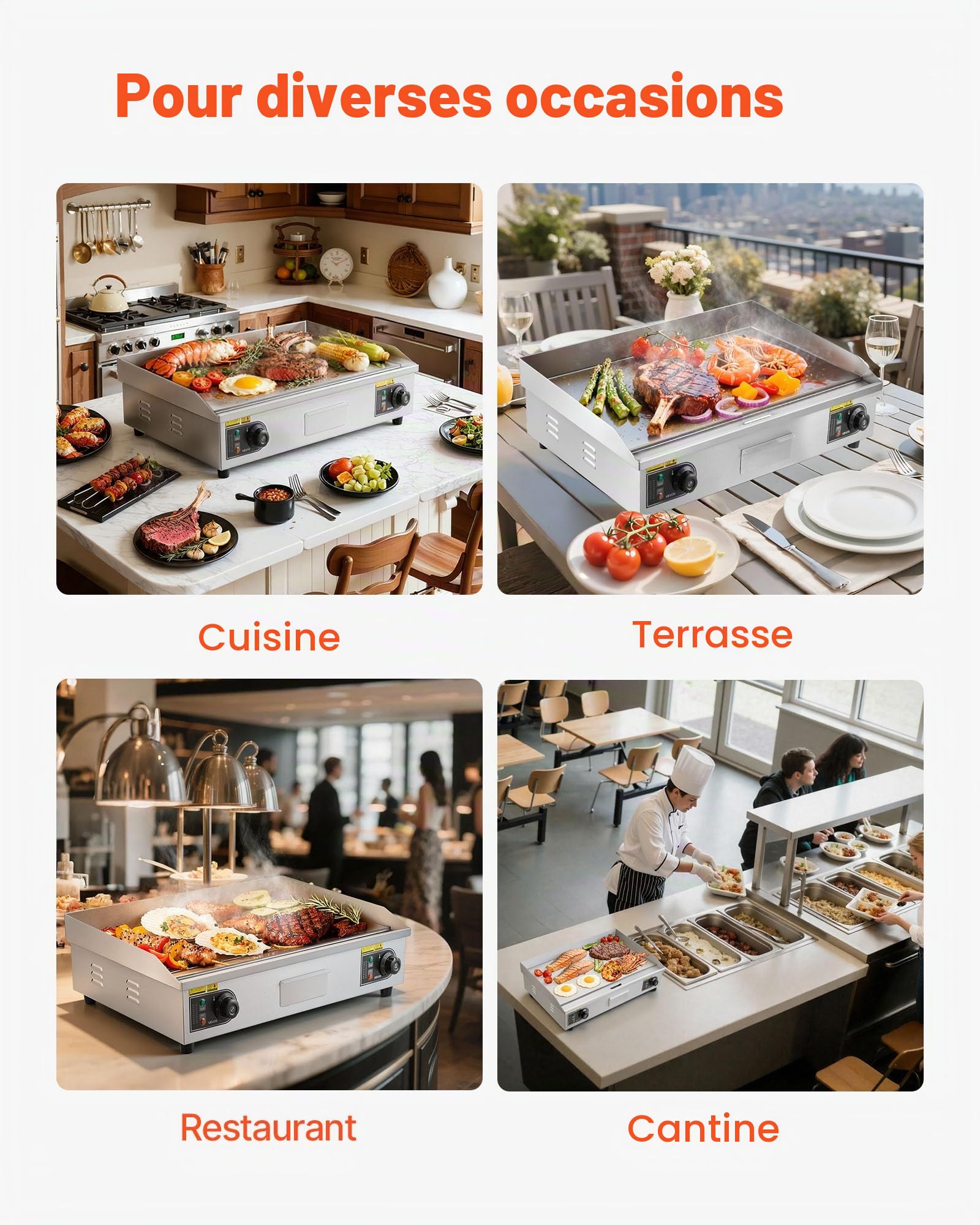 VEVOR Plancha Électrique Commerciale 725x400 mm, 4400 W Gril de Table, Thermostat Réglable 50-300 °C, Plaque de Cuisson Acier Inox, Protection contre Éclaboussures, Extérieur et Intérieur (SANS PRISE)