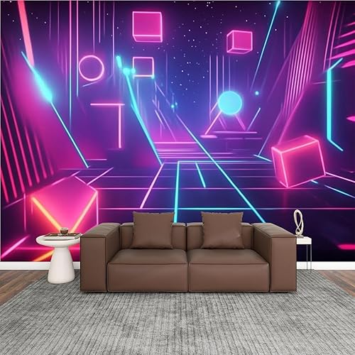 Miniatura 15 de Murales modernos para papel tapiz 3D de los años 80, neón, retro, Synthwave, 3D, laberinto, cubos, formas geométricas, despegar y pegar,