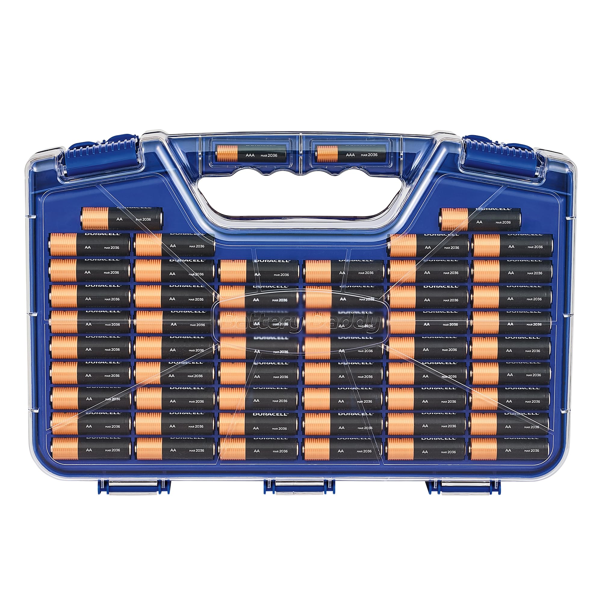 Ontel Battery Daddy - Custodia organizer per batterie con tester, per conservare e proteggere fino a 180 batterie, coperchio con chiusura trasparente, come visto in TV, colore: blu