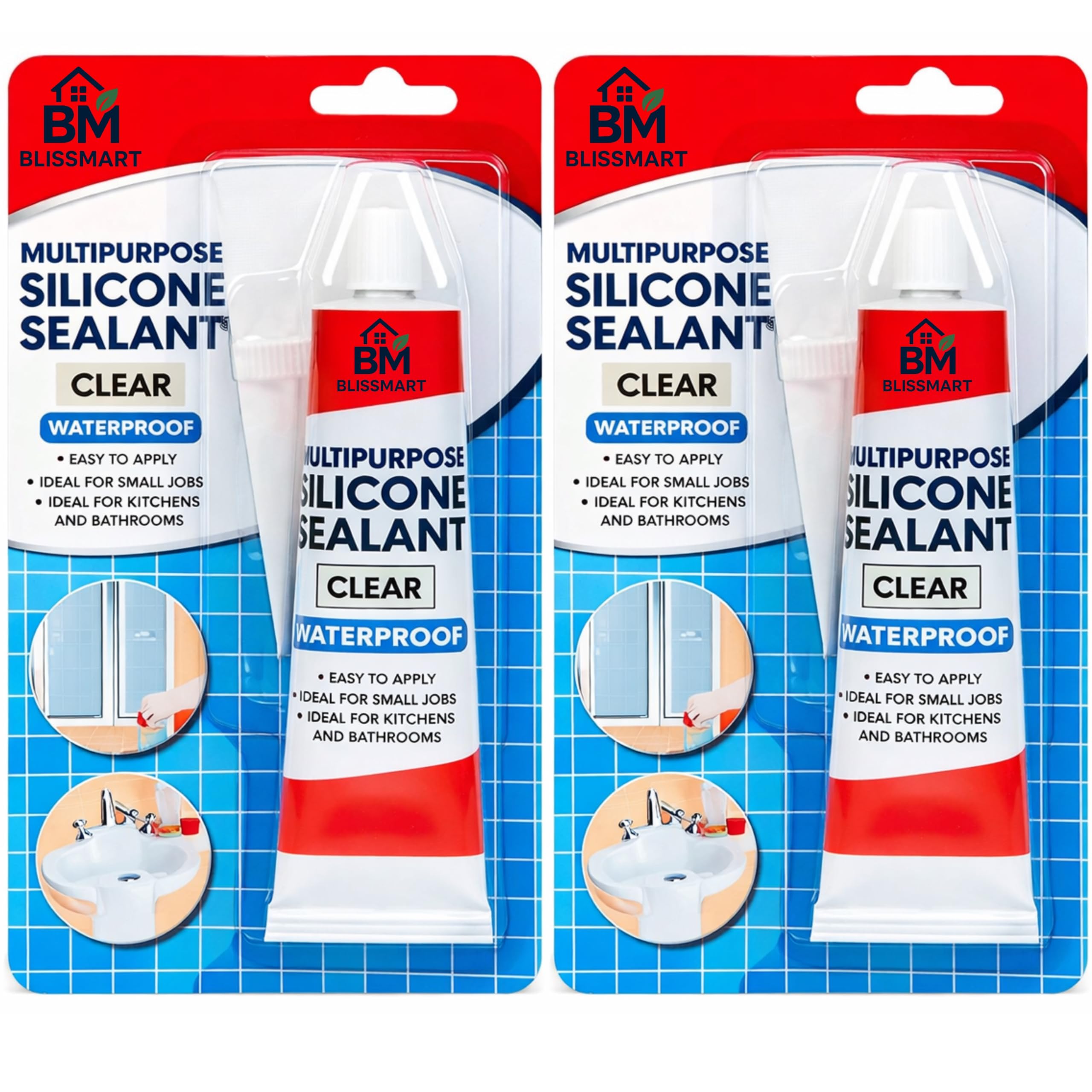 BlissMart Clear Silicone Sealant Waterproof Strong Clear Glue x 2 Tubes Multipurpose Bathroom Silicon Seal Mold Resistant Silicone Tool Kitchen Toilet Sink Caulking Shower Seal Filler Sealant Tool