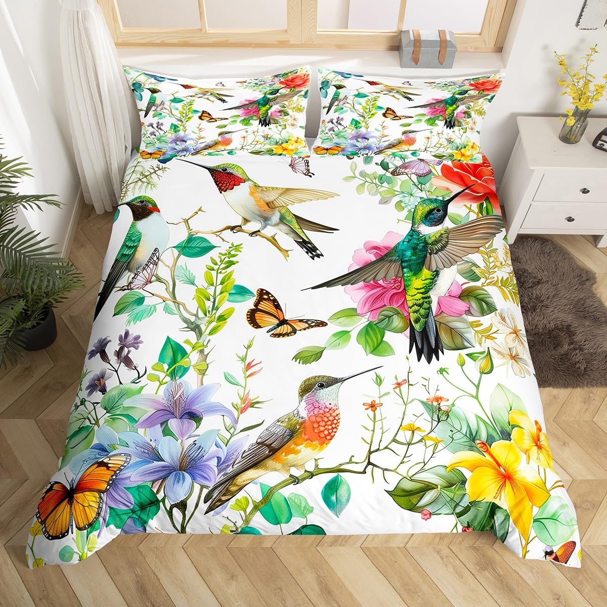 jejeloiu Hummingbird Bedding Set Hummingbird Flowers Duvet Cover King Size for Boys Girls Teens Tropical Birds Comforter Cover Set Farmhouse Garden Butterfly Floral Bedspread Cover with 2 Pillow Case