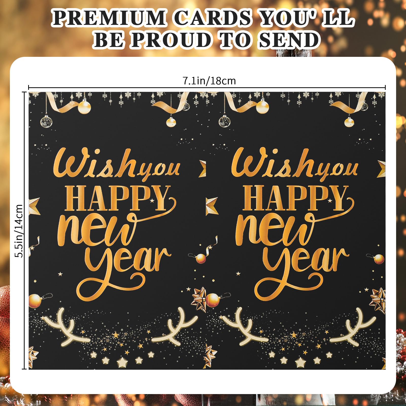 Resurhang 100 juegos de tarjetas de felicitación de Año Nuevo con sobres y calcomanías, papel de aluminio negro, tarjeta de notas en blanco para fiestas familiares, regalos de vacaciones, suministros