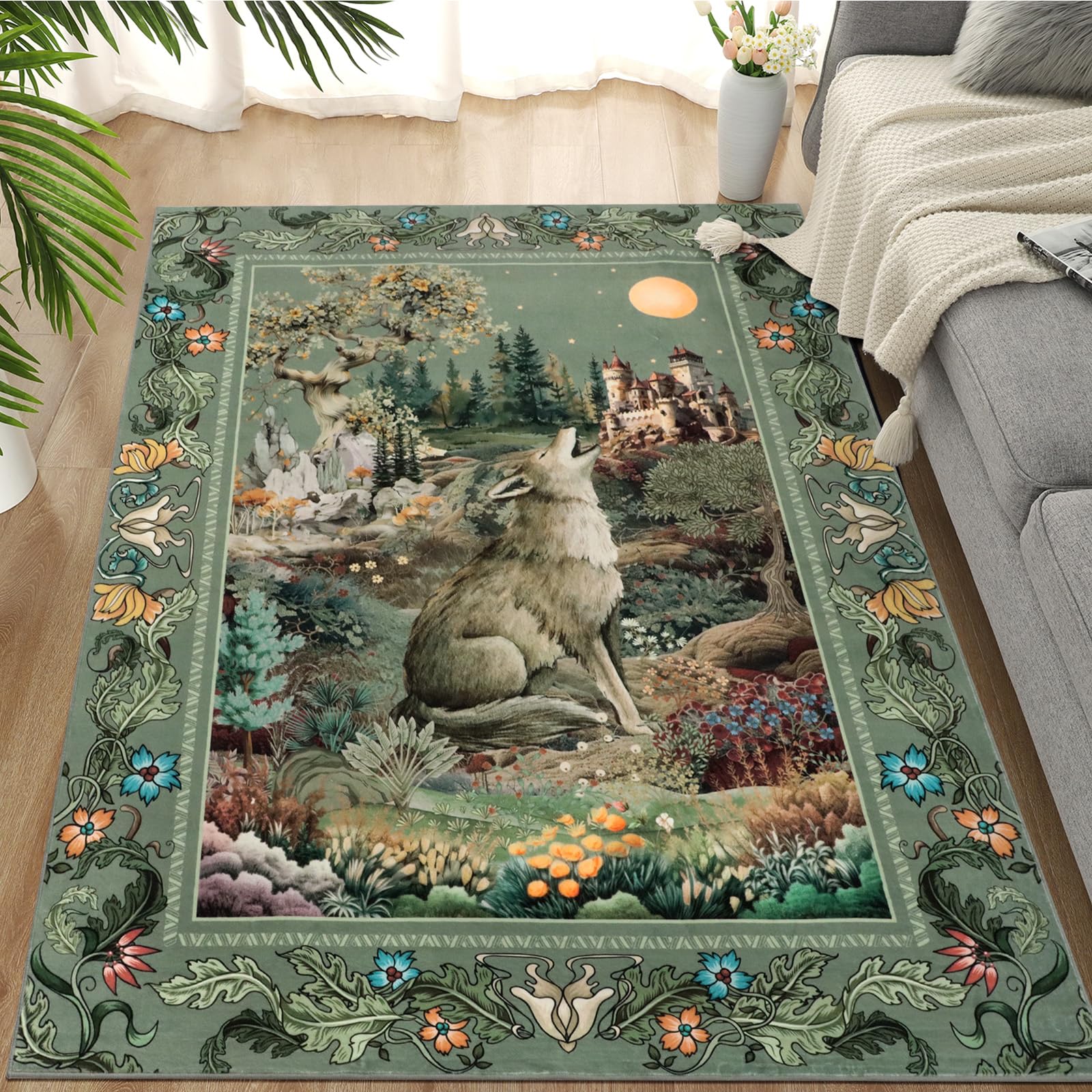 Tapis de salon 120x180 cm Green Wolf lavable et antidérapant vintage