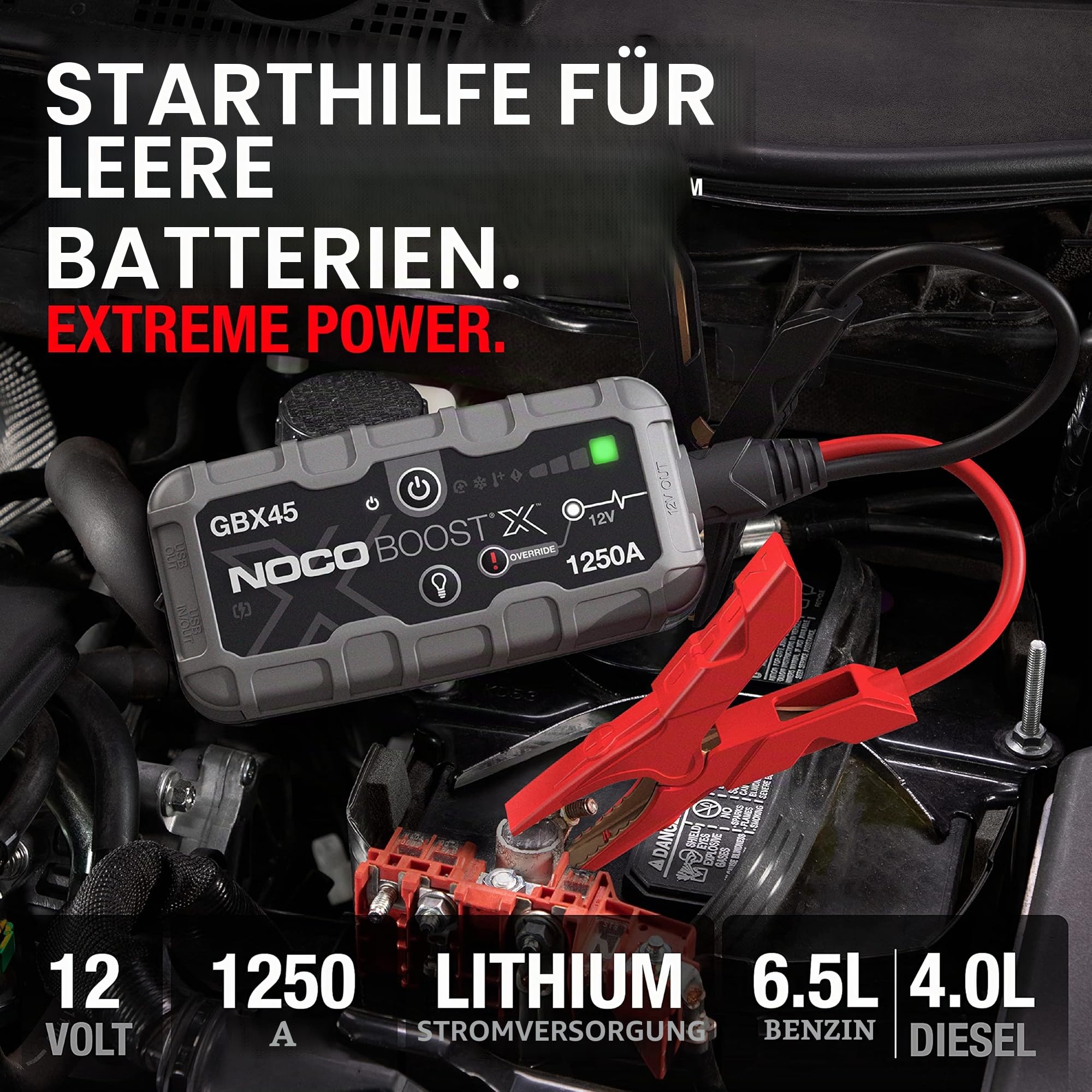 NOCO Boost X GBX45: 1250A UltraSafe Starthilfe Powerbank – 12V Lithium-Starthilfegerät & Starterkabel – Tragbarer Booster für Benziner bis 6,5L & Diesel bis 4,0L