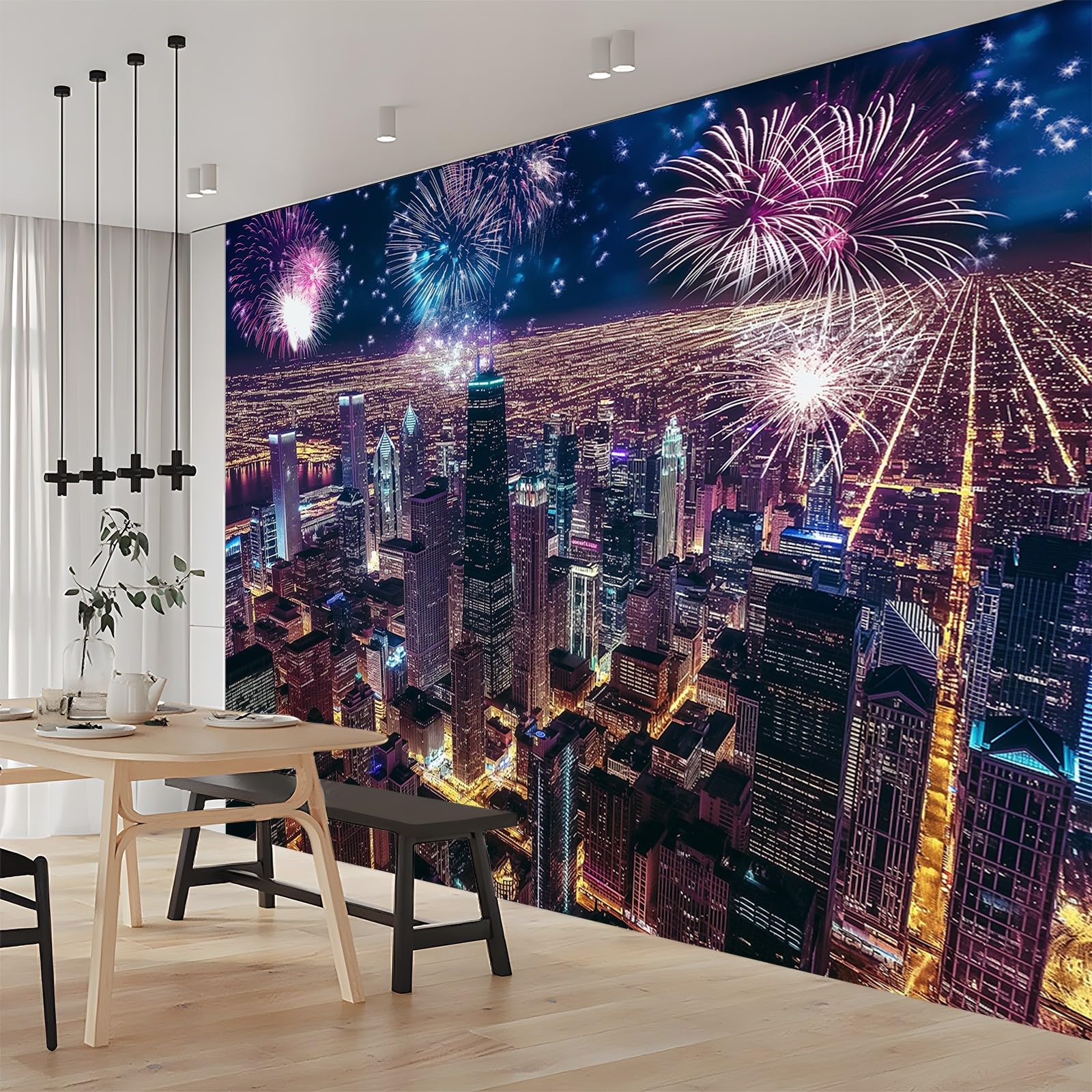 Generico Carta Da Parati Fotografica 3d Effetto Vista Notturna Della Città Di Chicago 400x280 cm Moderna Design Carta per Pareti Soggiorno Camera Da Letto Sala Fotomurali Non Tessuto