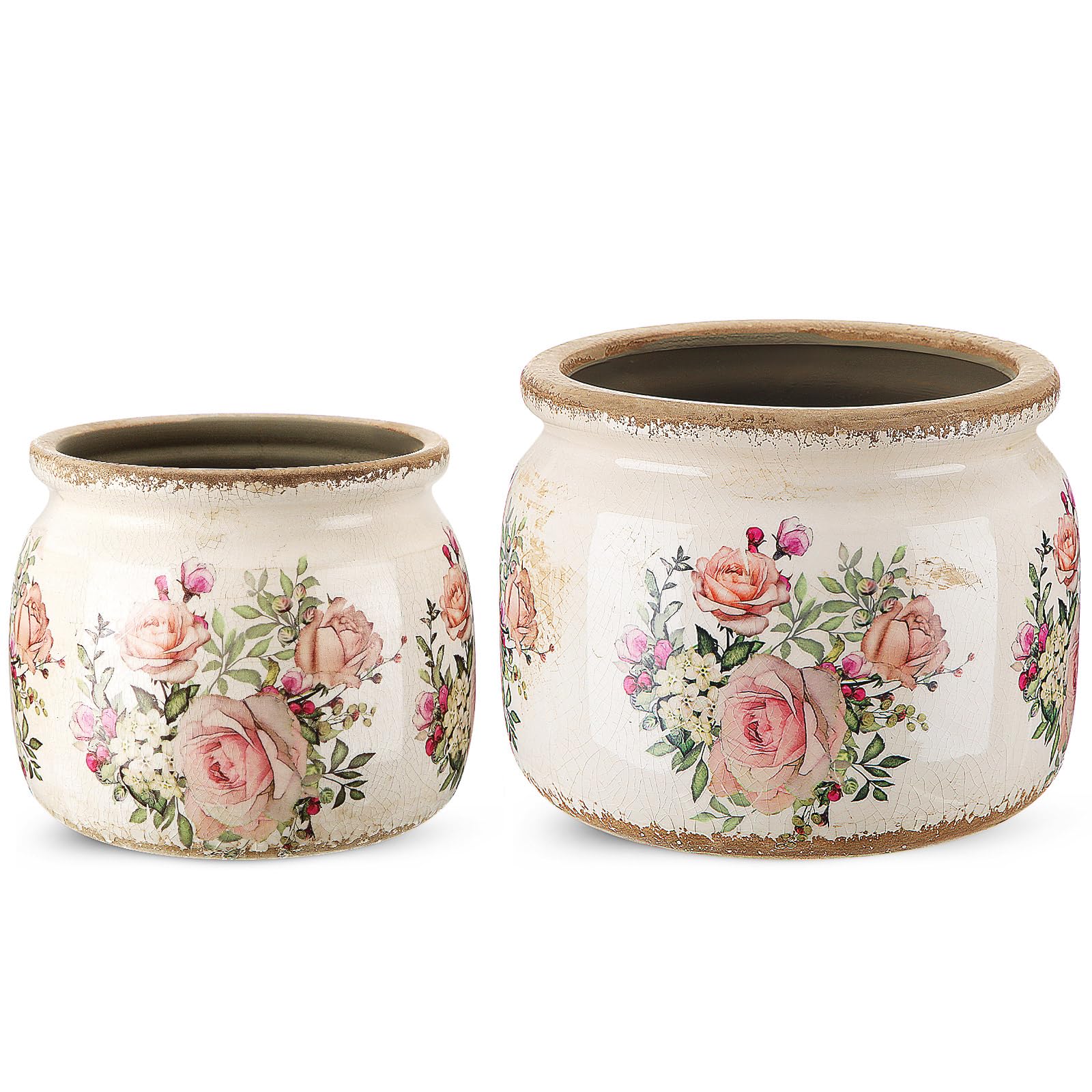 Ninehaoou 2 Pcs 7.7" & 5.9" Large Ceramic Plant Pot Beige Pink Rustic Rose Crackle Glaze Rustic Flowers Pot Decorative Planter with Drainage for Indoor Outdoor Plants Home Kitchen Office Decor Gift