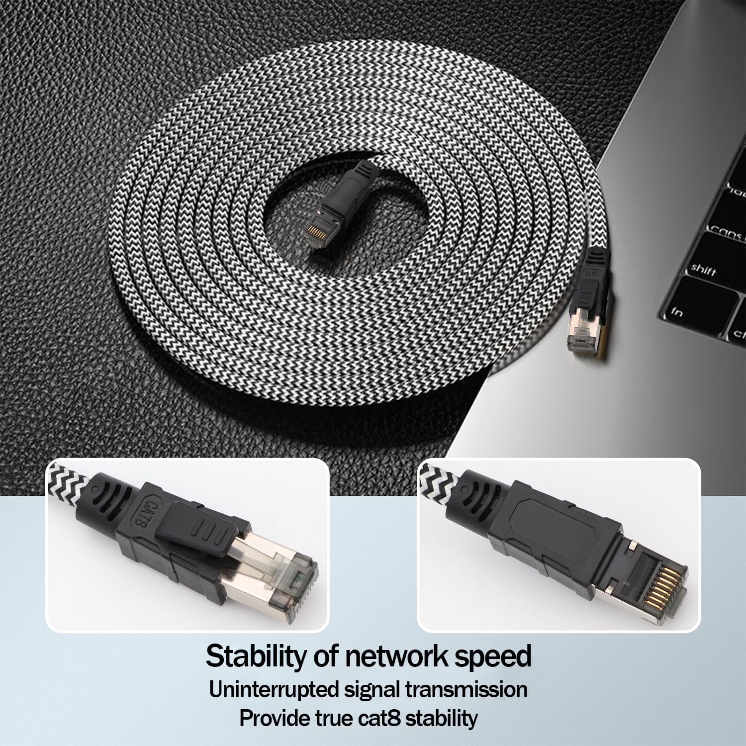 Qiuean Cavo Ethernet Cat 8, Nylon Intrecciato Cavo Lan 30 metri, 40 Gbps 2000 MHz, Cavo Di Rete Ad Alta Velocità, S/FTP Con Connettore Nichelato Rj45 per Ps5/Laptop/Router/Gaming/Modem