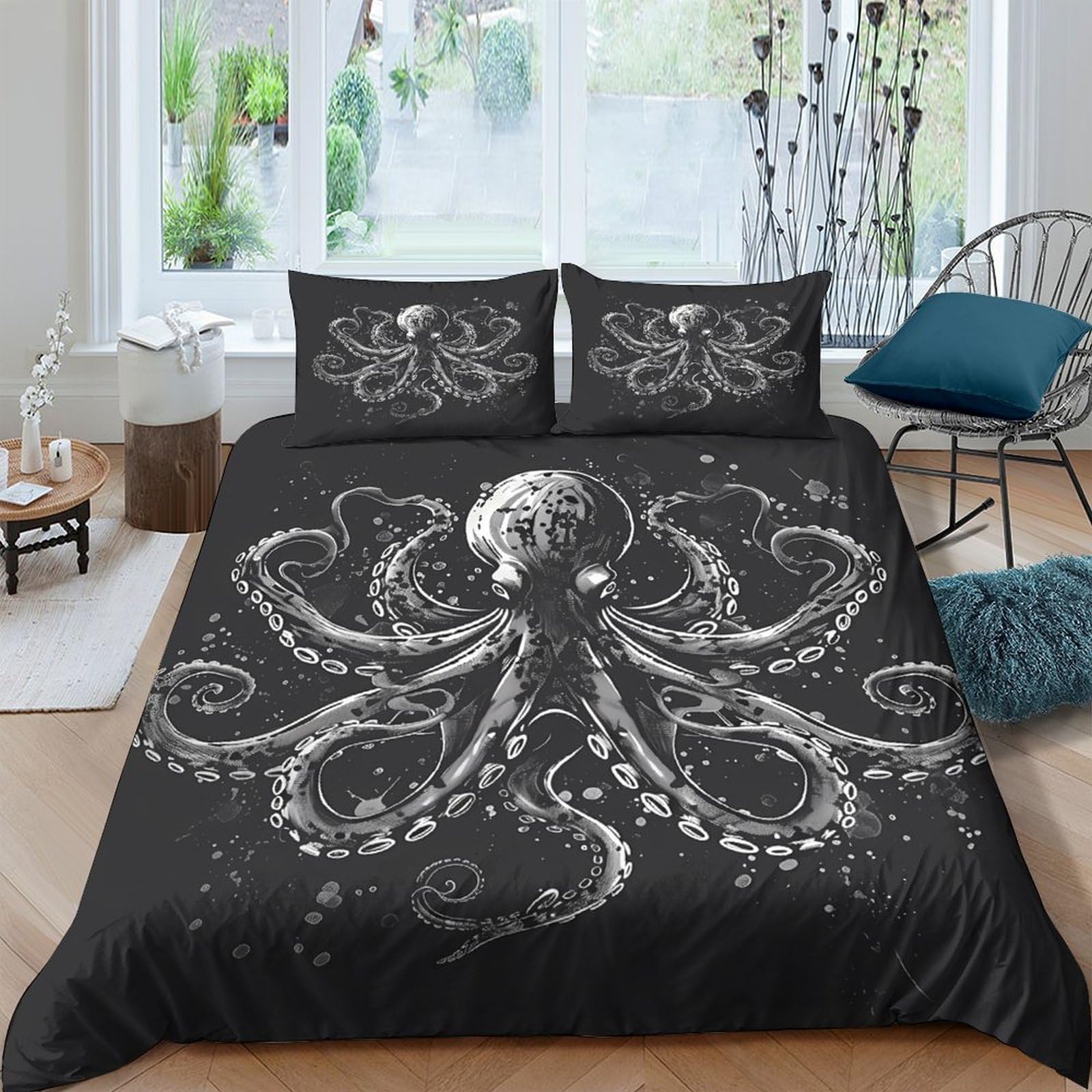 Ctjqhvkz Style-1 3D Printed Octopus Art Fitted Sheet Microfiber Soft Black Underwater Bed Cover For Bedroom Guest Room Decor Single（135X200cm）