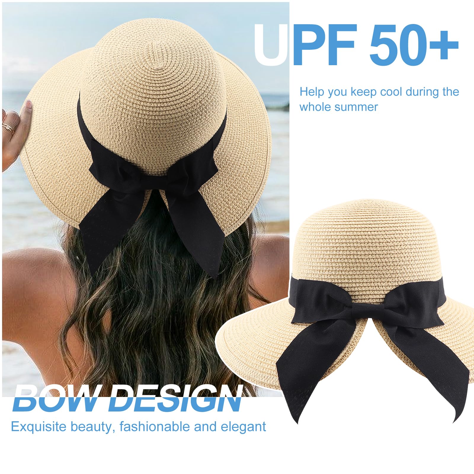 DRESHOW Bowknot Chapeau de Soleil pour Femme Bord Large Chapeau de Soleil de Pplage Pliable pour l'été Chapeau Sarouel en Paille à Large Bord avec Nœud UPF 50+