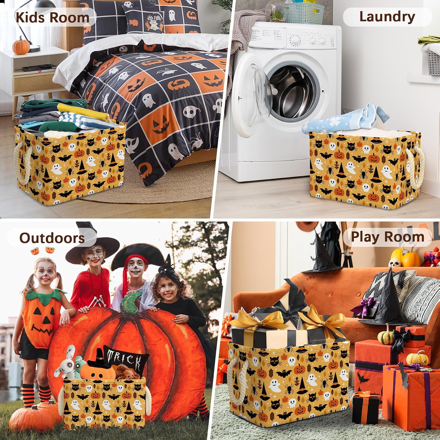 Casuru Pumpkin Halloween Basket Orange Black Ghost Boo Spooky Basket with Handles Foldable Cute Halloween Gifts Storage Bins Boxes for Party Home Bedroom Decor (Orange, 15x10x10 Inch)