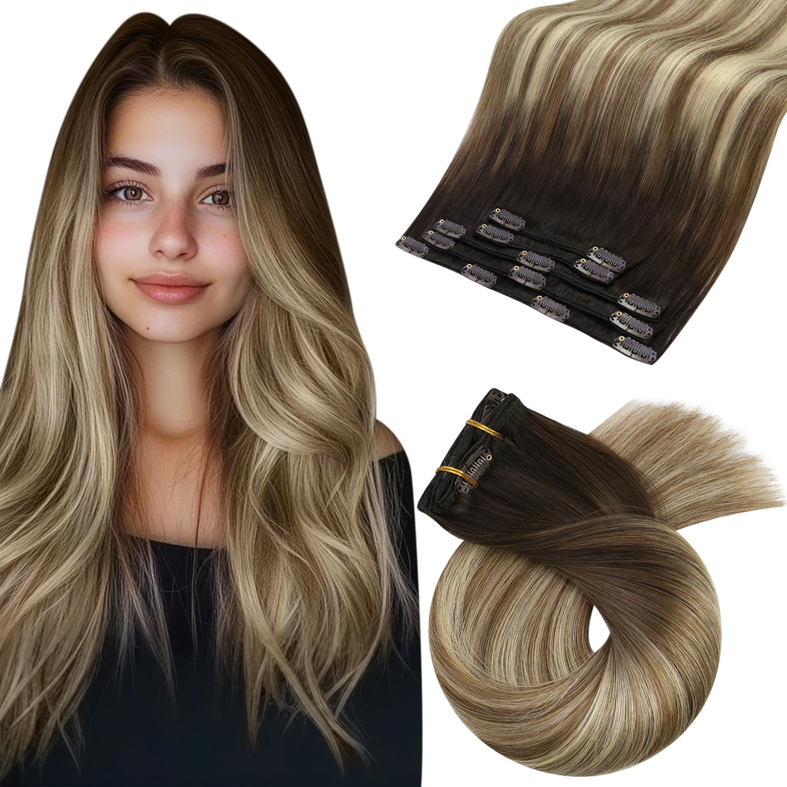 Moresoo Human Hair Extensions Clip in Real Hair Ash Blonde with Bleached Blonde Clip in Hair Extensions Remy Human Mid-length Hair Layered Add Volume 14 Inch 5pcs/80g #P18/613 — view 91