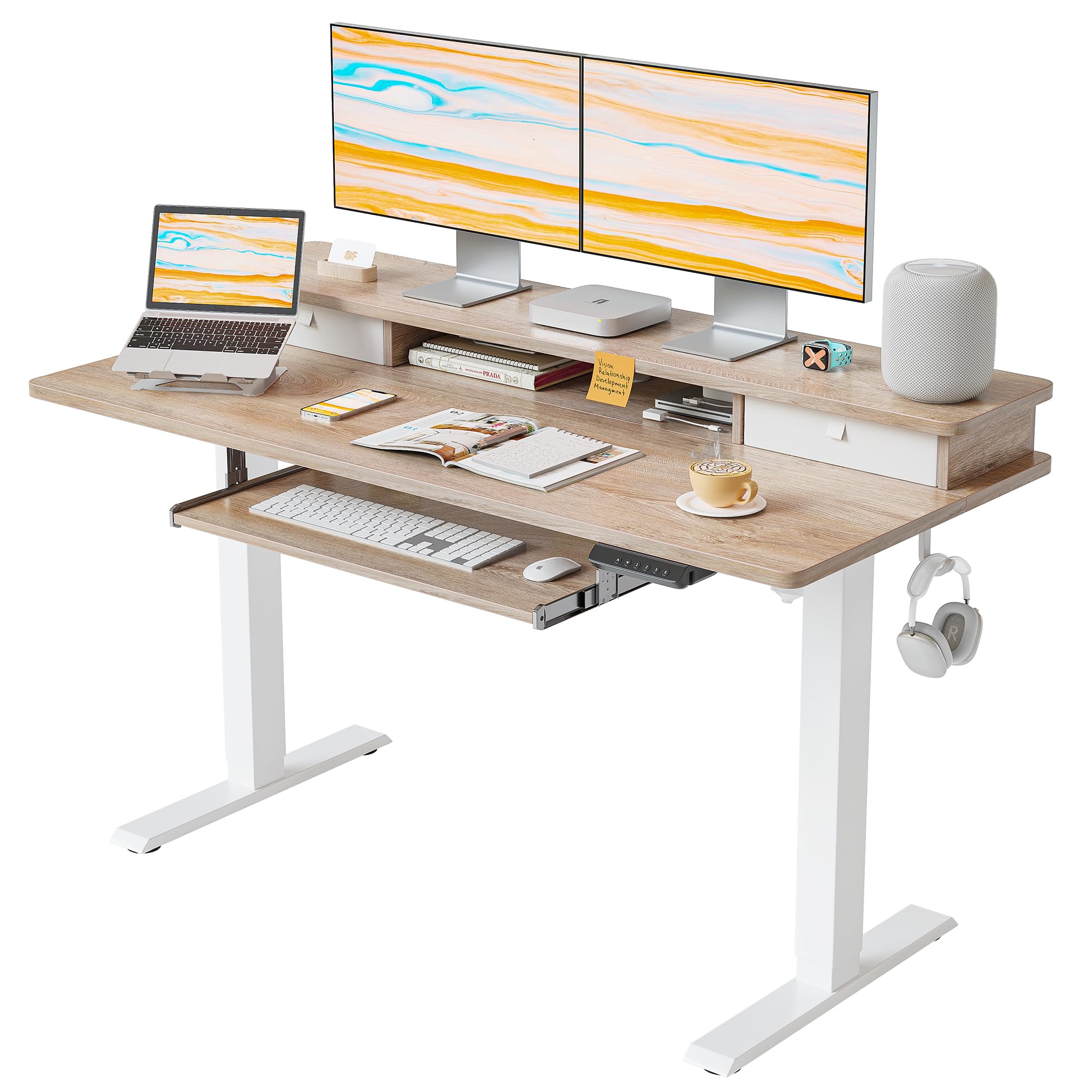 FEZIBOHeight Adjustable Electric Standing Desk with Keyboard Tray, 55 x 24 Inch Stand Up Table with Storage Shelf, Sit Stand Desk, Maple Top