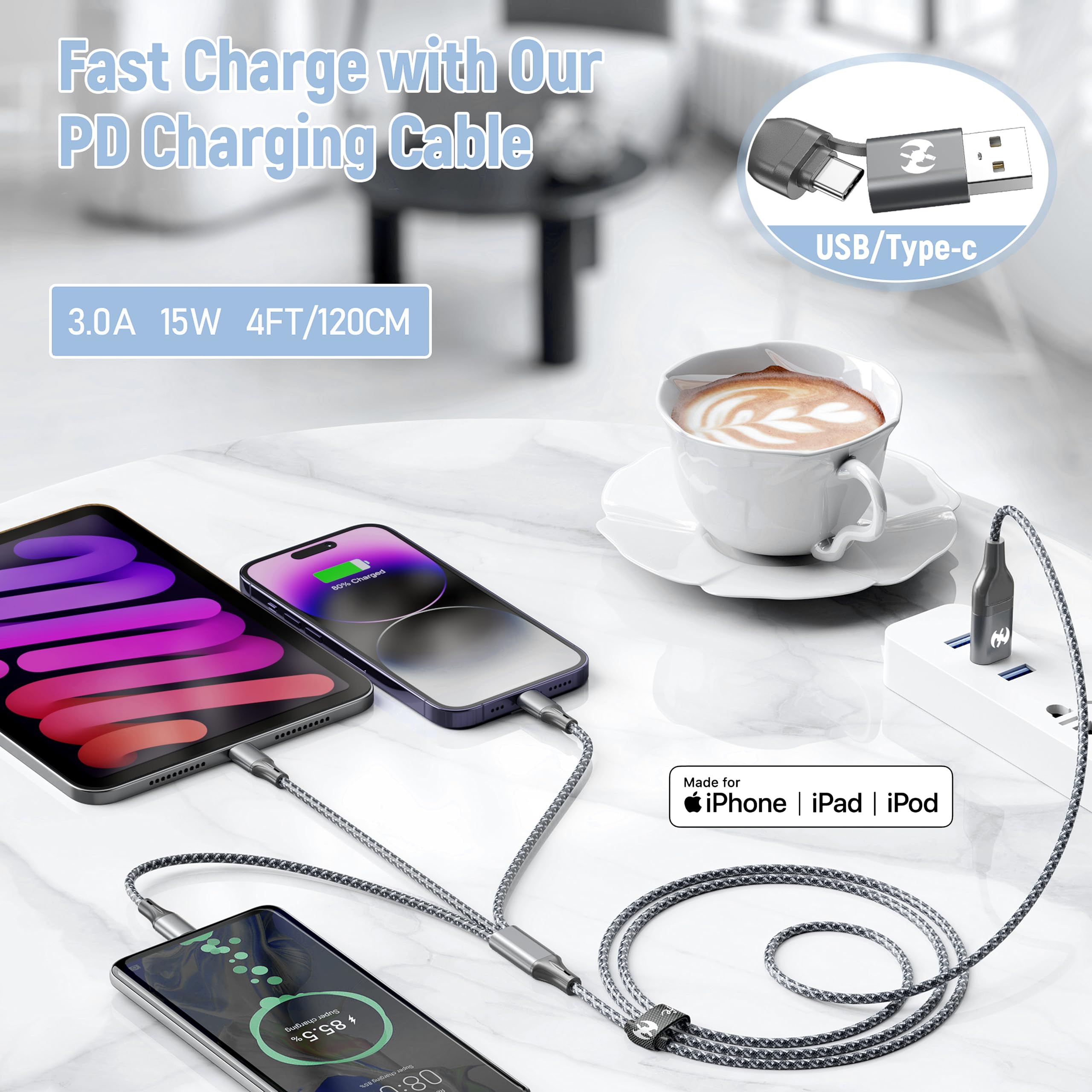 IDISON Cavo di ricarica multiplo (1,2 m, confezione da 3), cavo di ricarica 3 in 1, essenziale da viaggio, cavo intrecciato in nylon intrecciato USB A/C, cavo di ricarica per iPhone e iPhone con USB