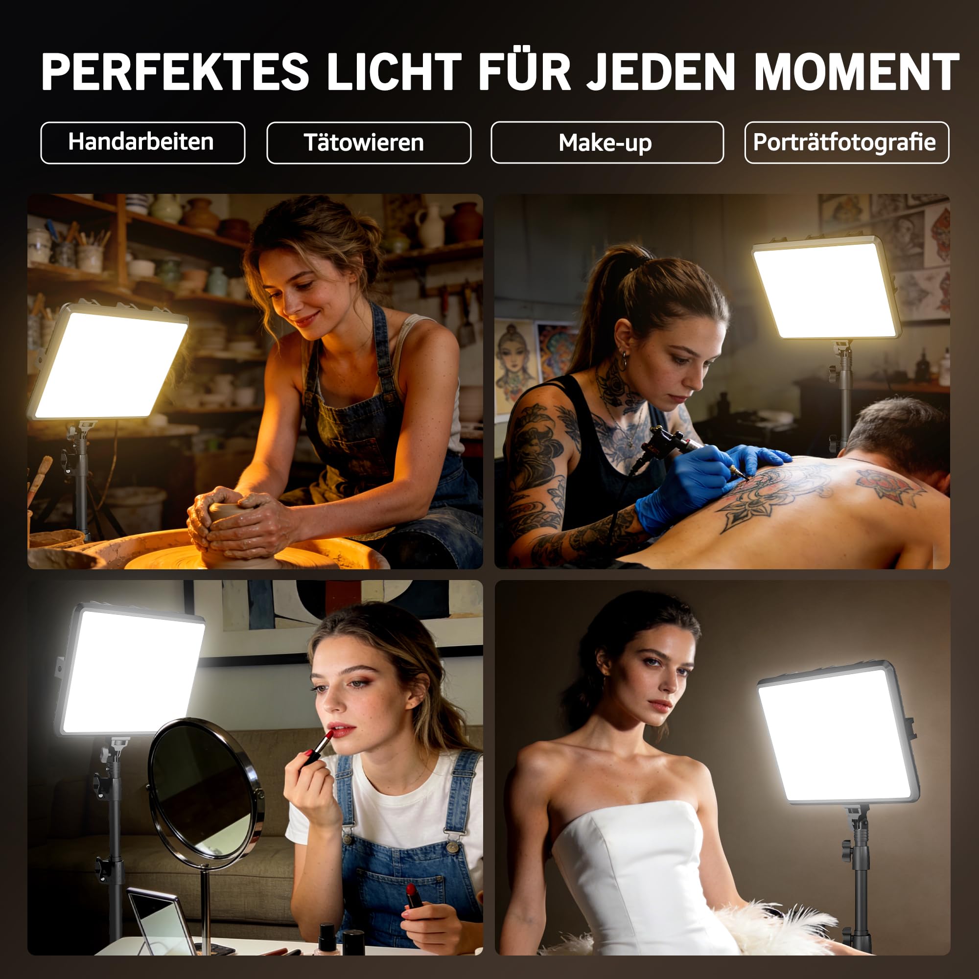 Video Licht, 2-25x20 cm 25W LED Studio Fotolicht Set, Dimmbares 2800–7000K Fill-Licht für Video/Streamen von Selfies/Porträts im Innenbereich, 185cm Kamera Licht mit Stativ & Adapter，CRI>97 (25W)