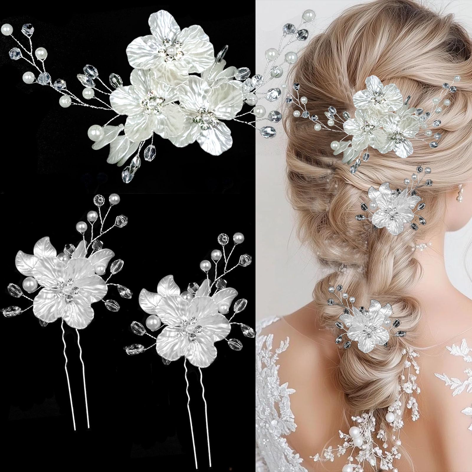 3 forcine per capelli da sposa con perle di cristallo, accessori per capelli da sposa, gioielli con strass, glitter in rilievo fiore bianco