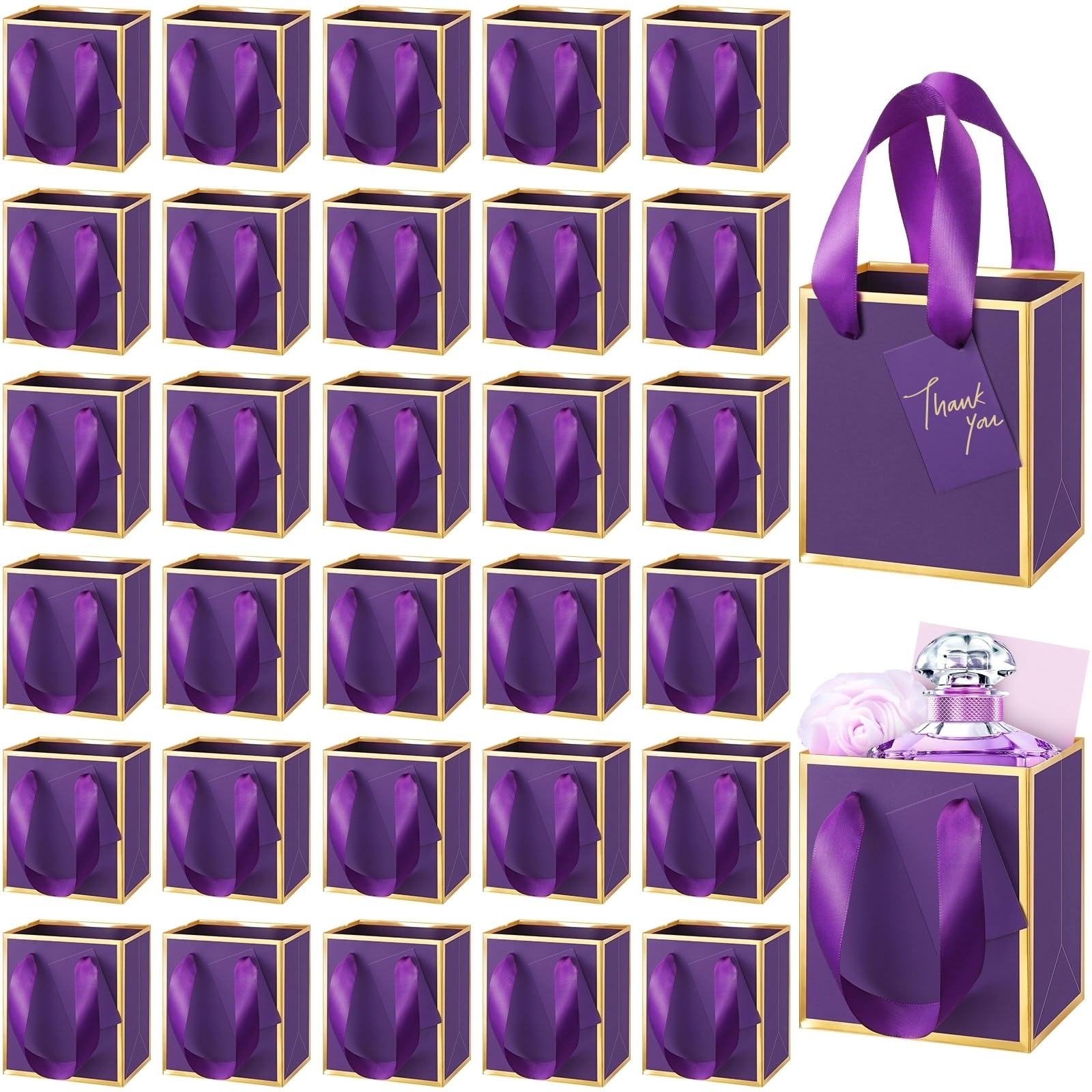 Yeaqee 100 Pcs Mini Paper Gift Bags with Handles Tag, Dark Purple,Gold