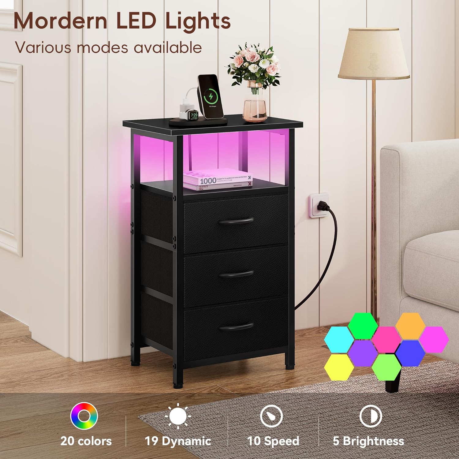 Vagusicc Night Stand Set 2 with Charging Station, LED Nightstand for Bedroom, Bedside Table with 3 Fabric Drawers, End Table Side Table with USB Ports & Outlets, Bed Side Table for Bedroom, Black