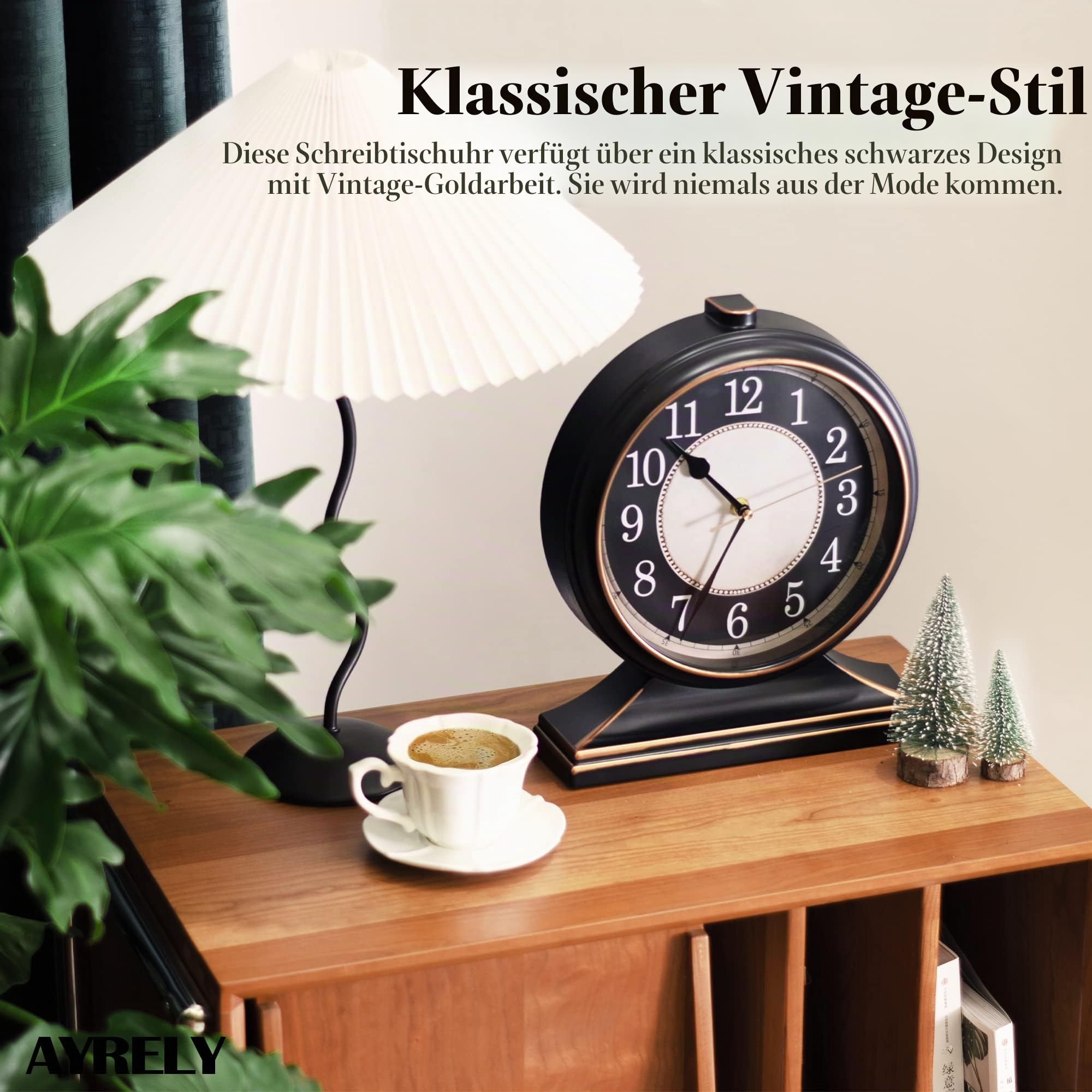 AYRELY® Vintage Tischuhr – Lautlos ohne Ticken, 10-Zoll-Zifferblatt, Retro-Kaminuhr für Wohnzimmer, Schlafzimmer, Regal, Kamin & Landhausstil, gut lesbar